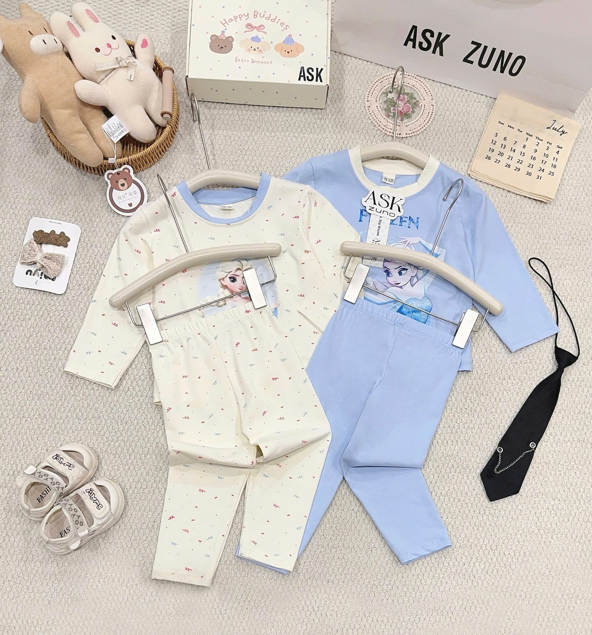 G087 - SET 2 BỘ BÉ GÁI DÀI TAY ELSA FROZEN xanh be