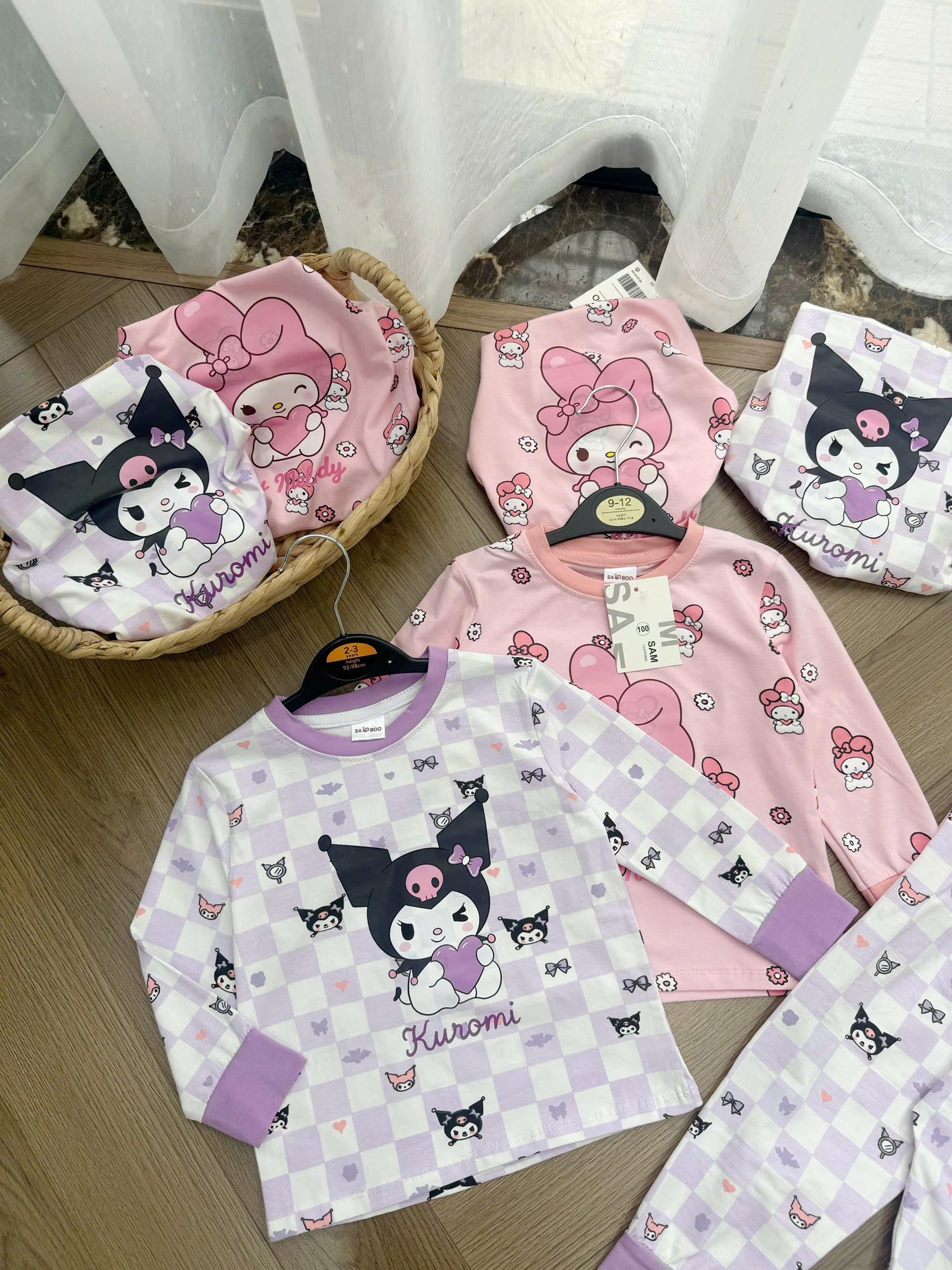 G090 - SET 2 BỘ BÉ GÁI DÀI TAY KUROMI MELODY tím hồng