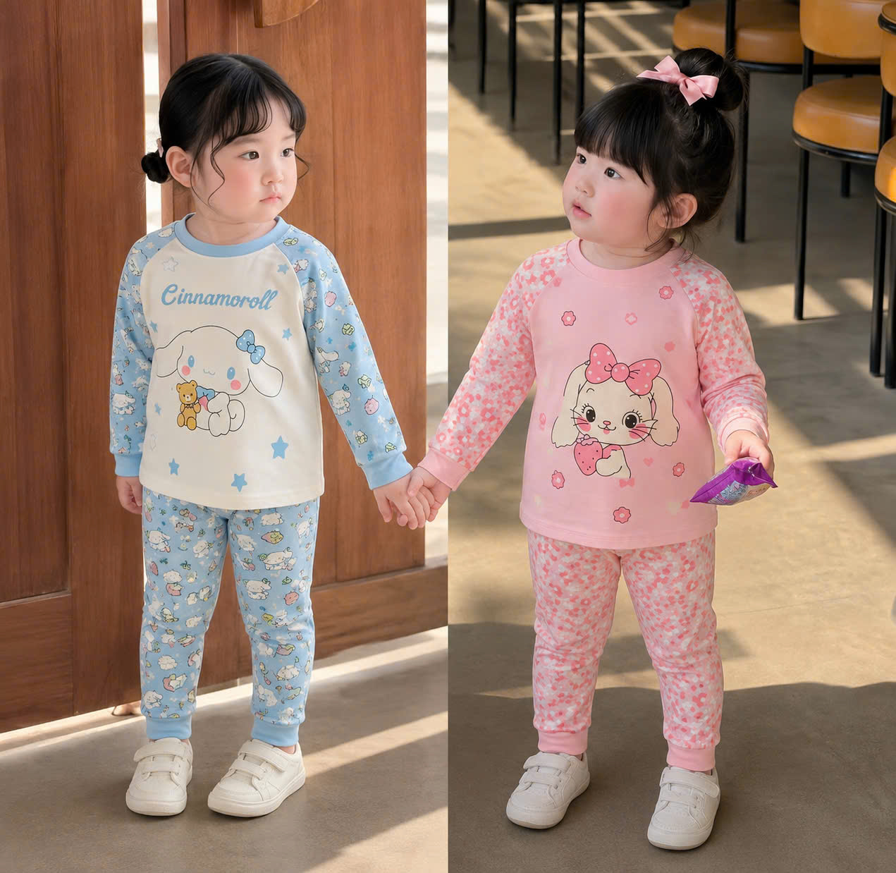 G102 - SET 2 BỘ BÉ GÁI DÀI TAY THỎ Cinamoll HOA xanh hồng