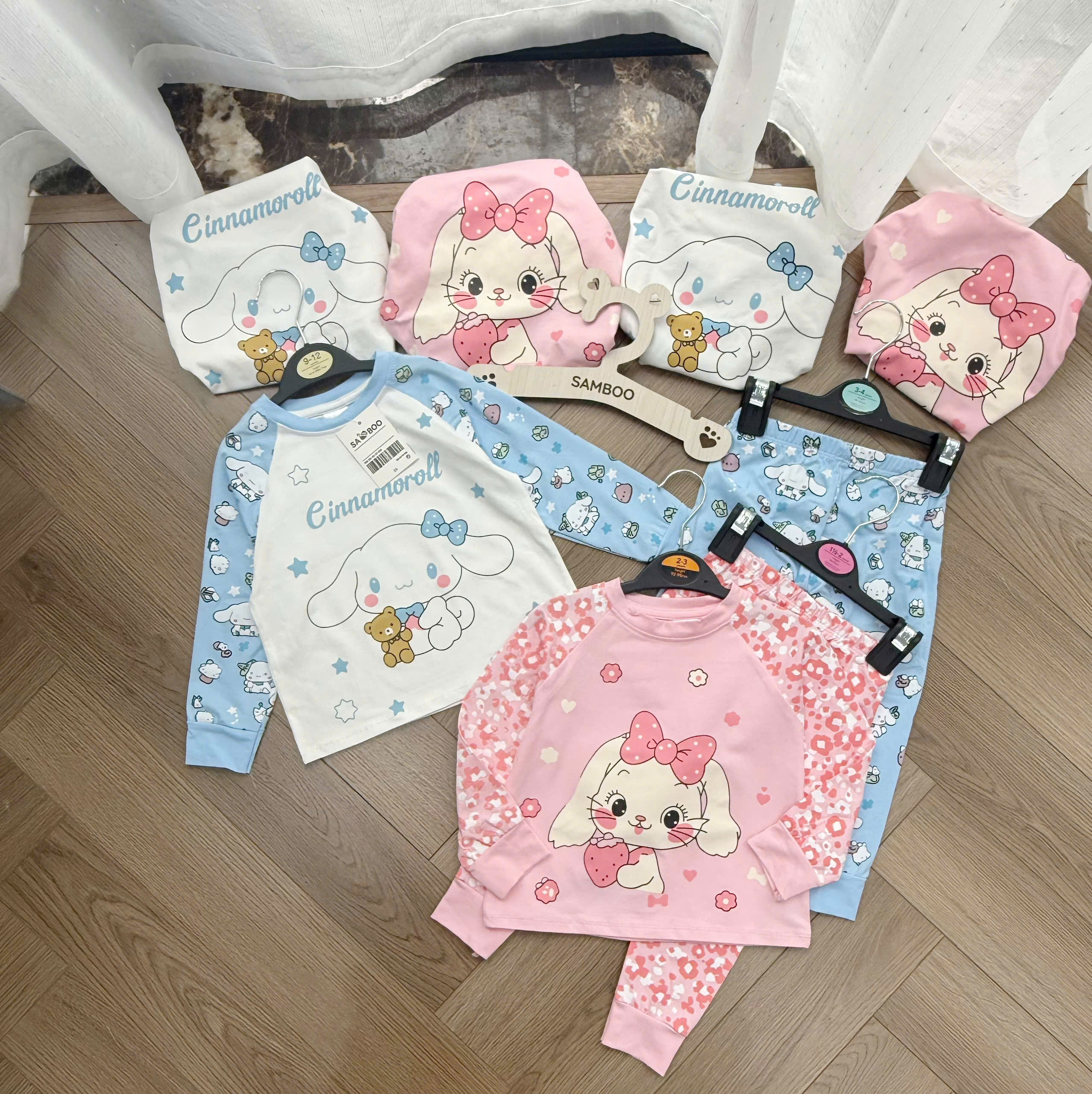 G102 - SET 2 BỘ BÉ GÁI DÀI TAY THỎ Cinamoll HOA xanh hồng