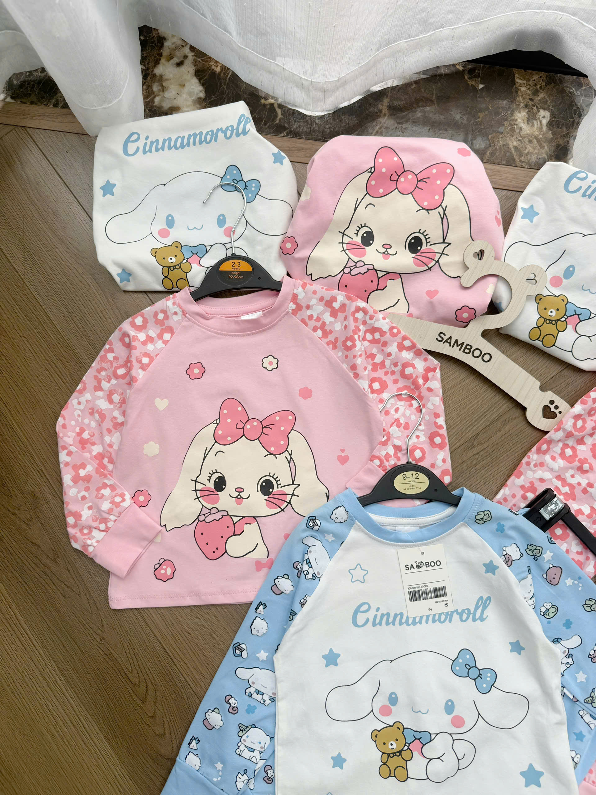 G102 - SET 2 BỘ BÉ GÁI DÀI TAY THỎ Cinamoll HOA xanh hồng
