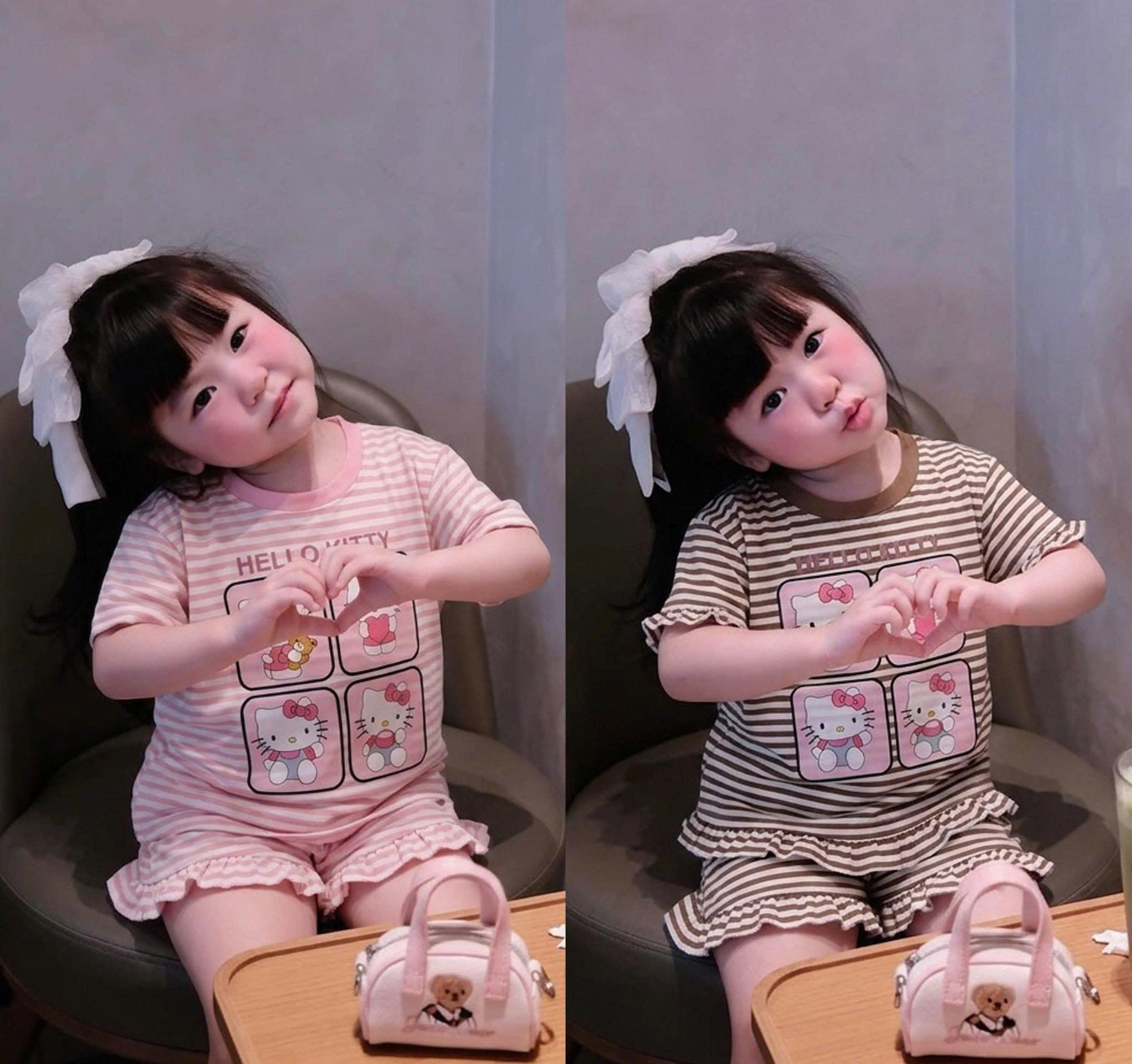(chờ) G105 - SET 2 BỘ ĐÙI BÉ GÁI KẺ NGANG PHỐI BÈO HELLO KITTY nâu hồng