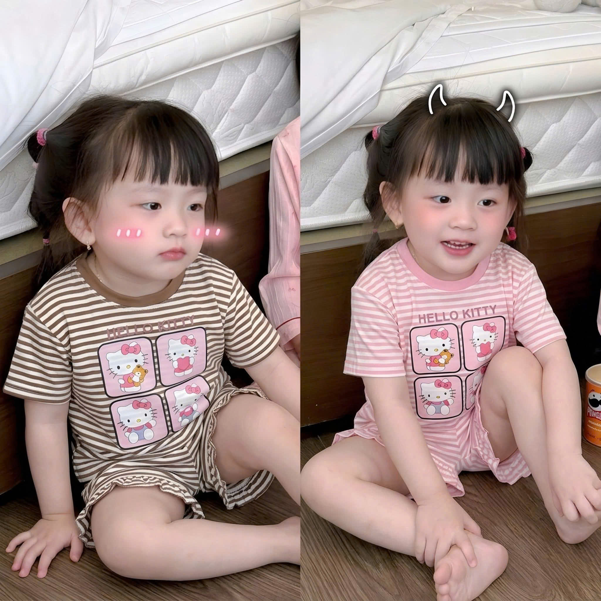 (chờ) G105 - SET 2 BỘ ĐÙI BÉ GÁI KẺ NGANG PHỐI BÈO HELLO KITTY nâu hồng