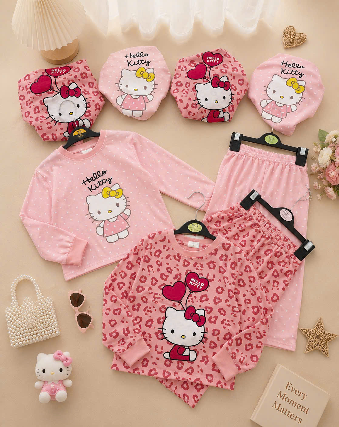 G108 - SET 2 BỘ BÉ GÁI DÀI TAY QUẦN SUÔNG KITTY TIM BÁO HỒNG