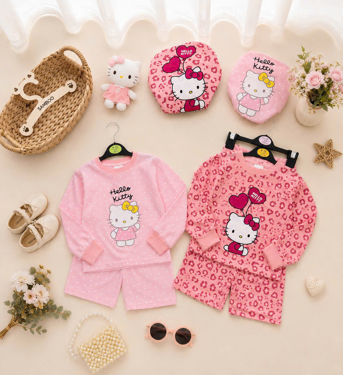 G108 - SET 2 BỘ BÉ GÁI DÀI TAY QUẦN SUÔNG KITTY TIM BÁO HỒNG