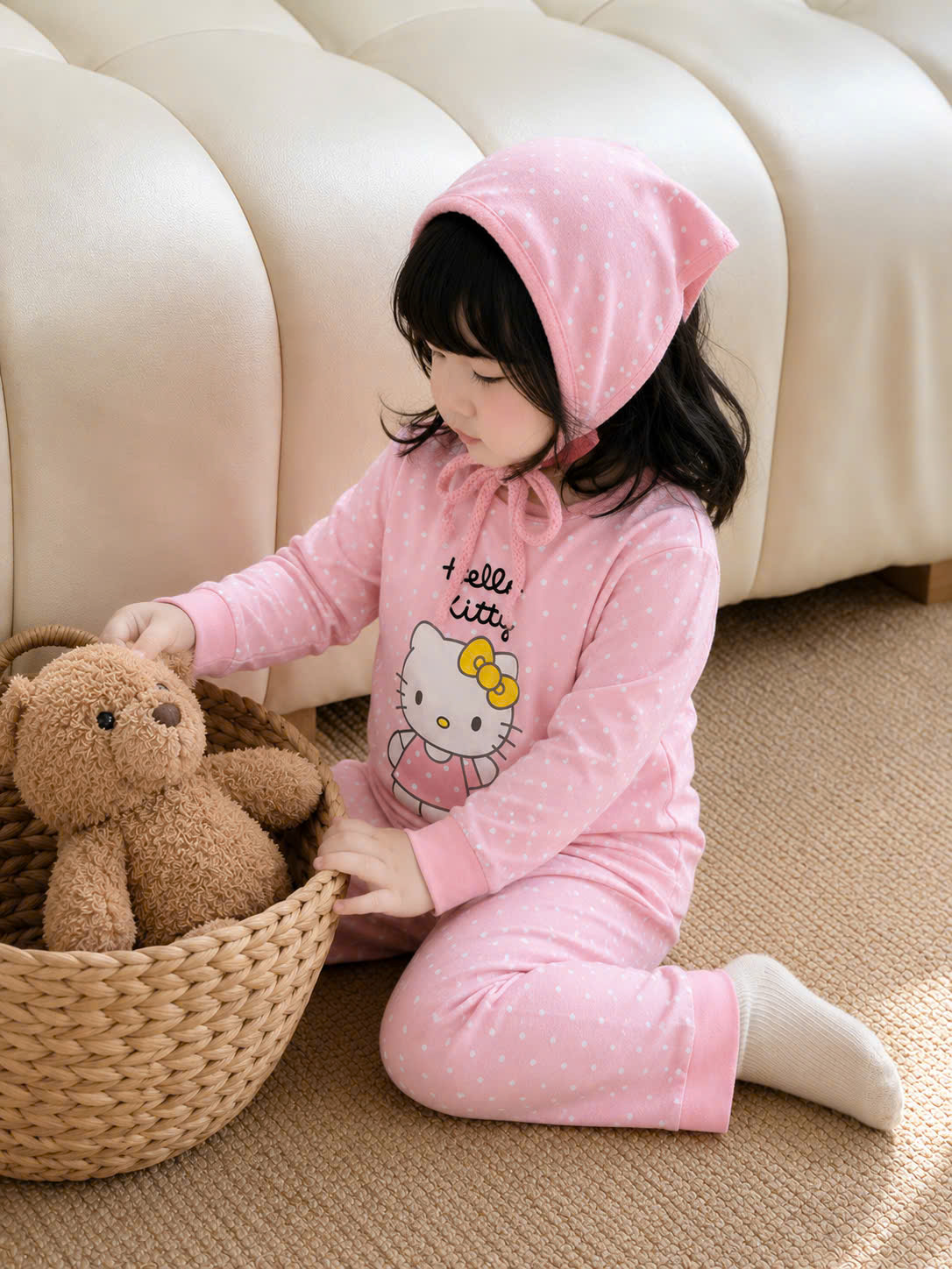 G108 - SET 2 BỘ BÉ GÁI DÀI TAY QUẦN SUÔNG KITTY TIM BÁO HỒNG