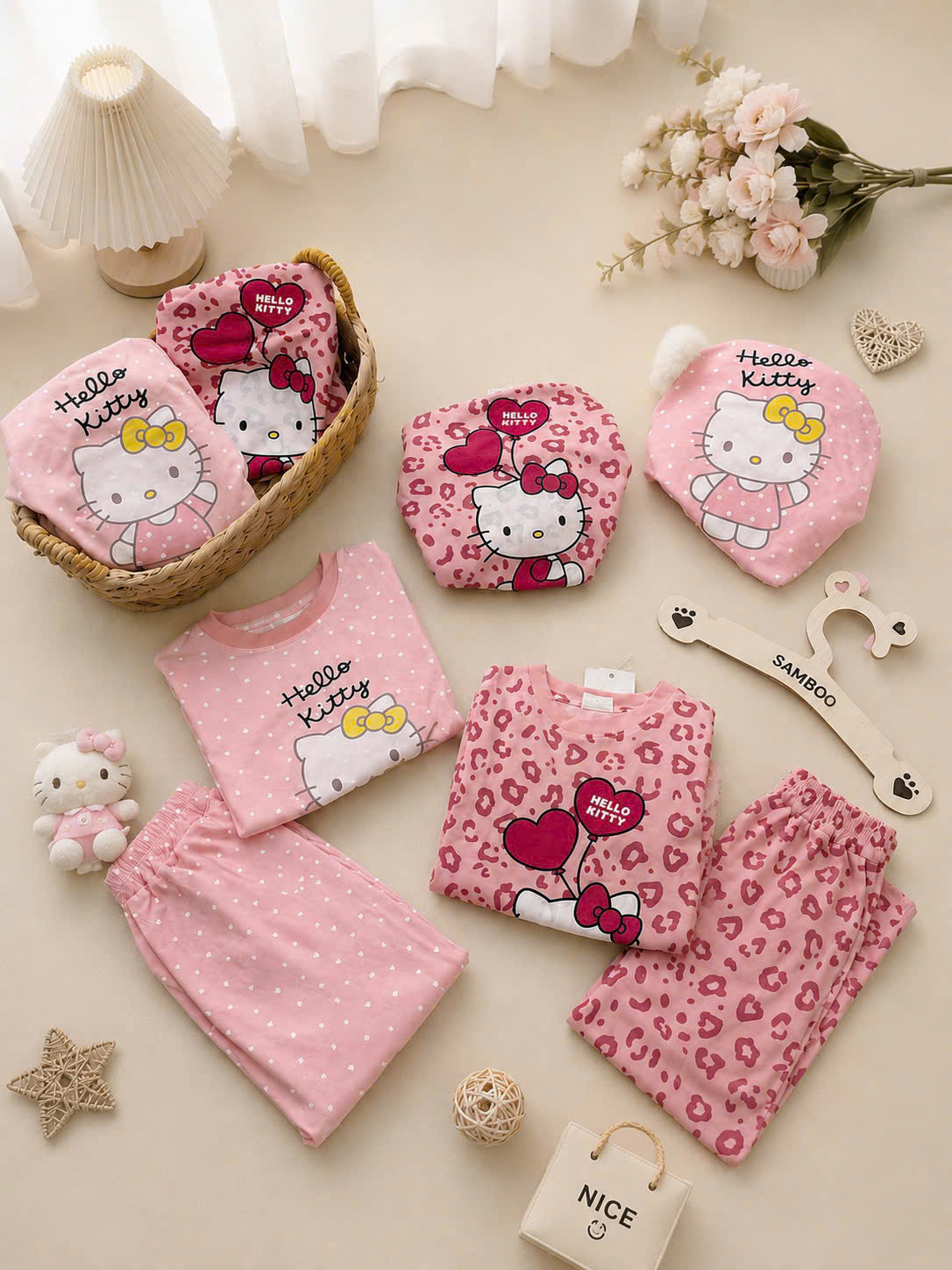 G108 - SET 2 BỘ BÉ GÁI DÀI TAY QUẦN SUÔNG KITTY TIM BÁO HỒNG