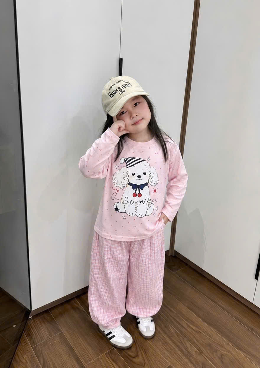 G109 - SET BÉ GÁI ÁO GIẤY DÀI TAY CHẤM BI QUẦN BOMBER CARO