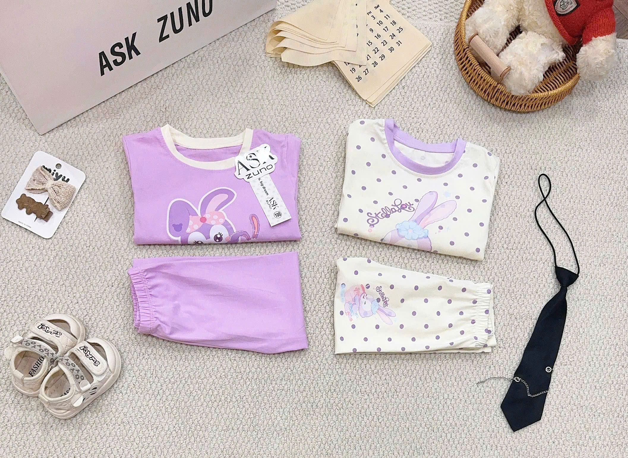 G142 - SET 2 BỘ BÉ GÁI COTTON DÀI TAY THỎ STELLA tím be