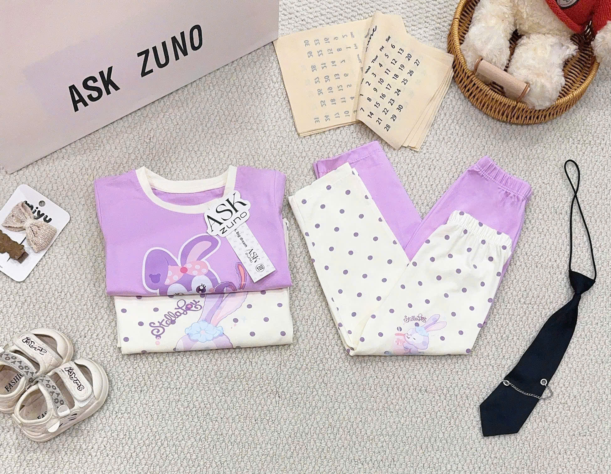 G142 - SET 2 BỘ BÉ GÁI COTTON DÀI TAY THỎ STELLA tím be