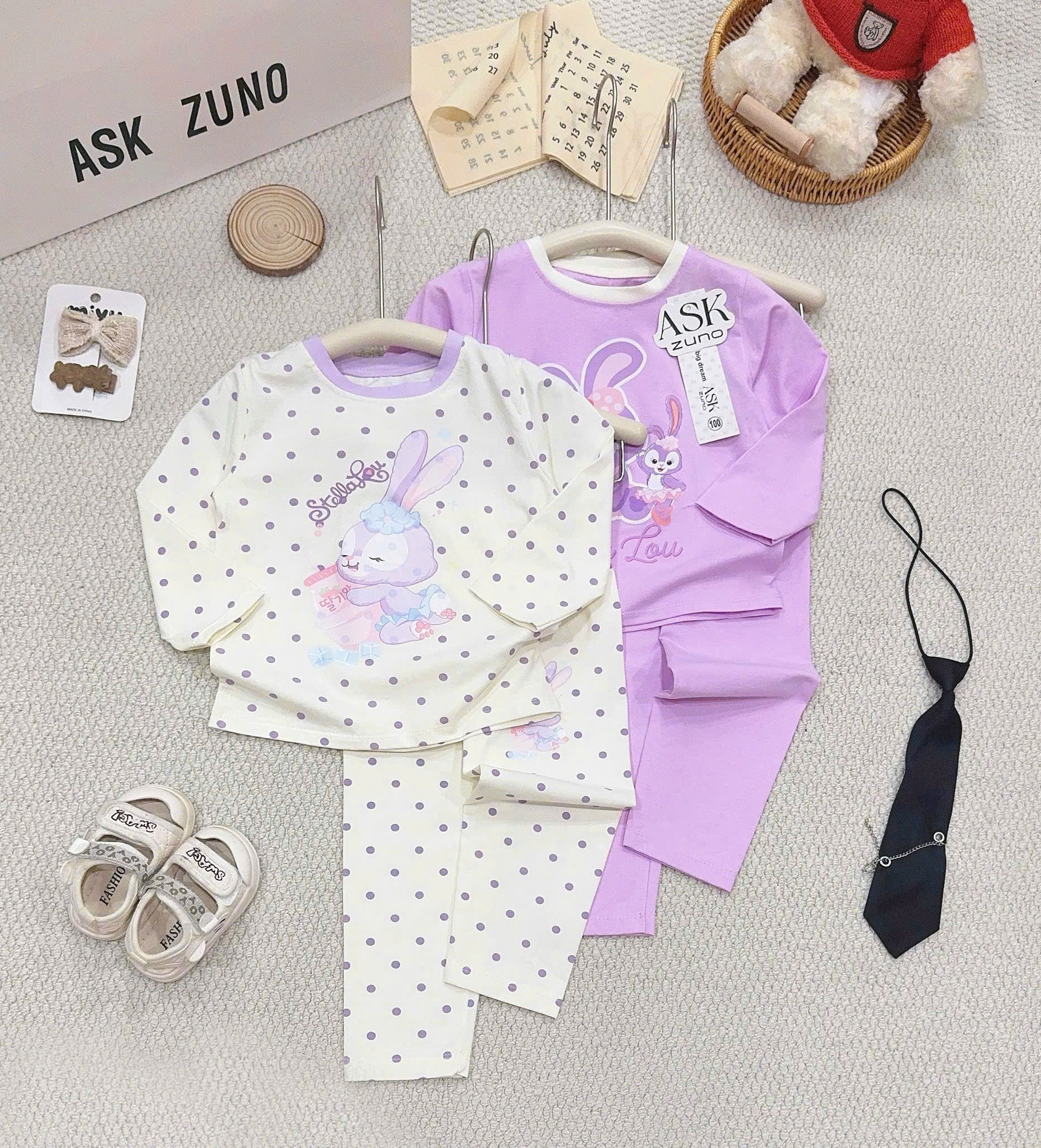 G142 - SET 2 BỘ BÉ GÁI COTTON DÀI TAY THỎ STELLA tím be