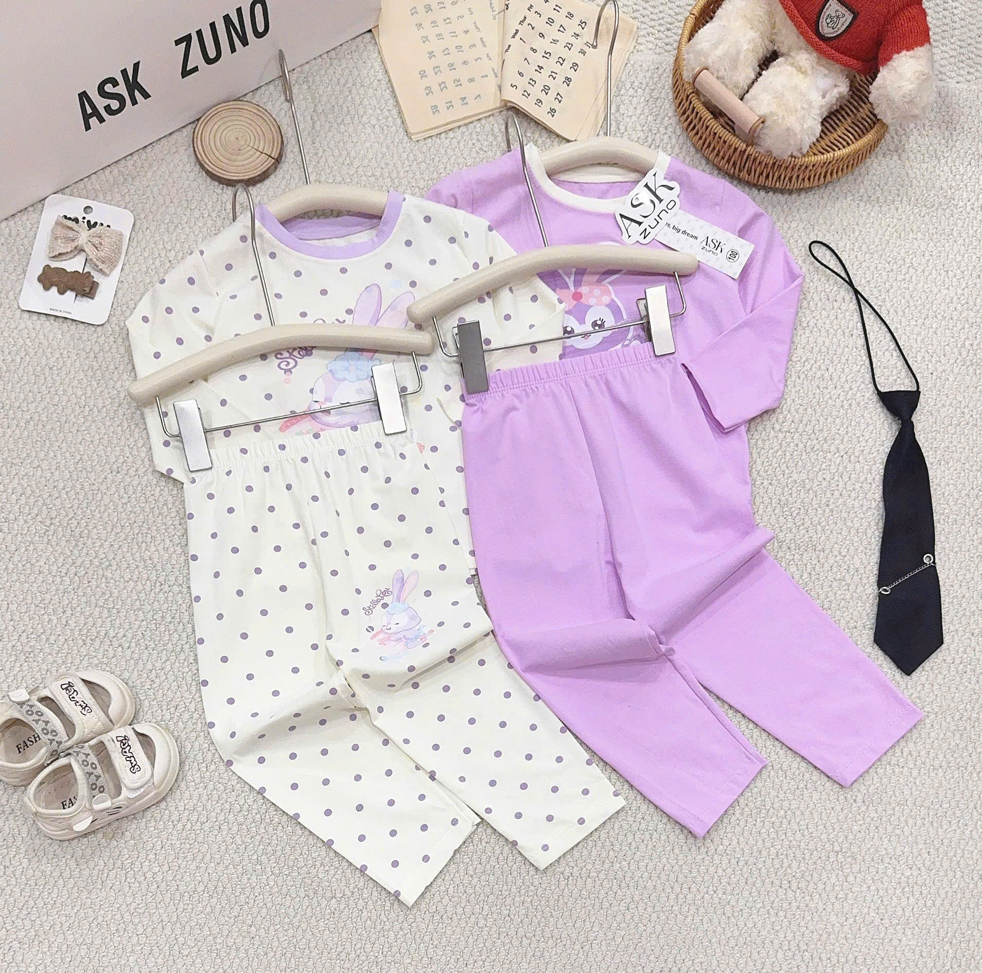 G142 - SET 2 BỘ BÉ GÁI COTTON DÀI TAY THỎ STELLA tím be