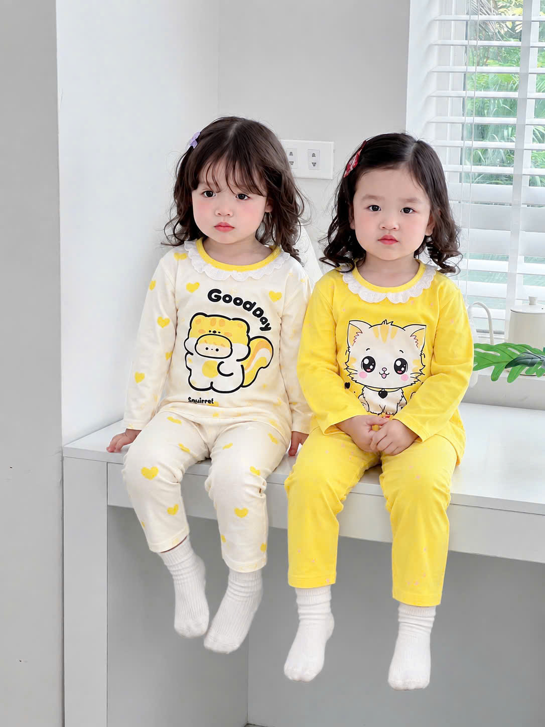 G146 - SET 2 BỘ BÉ GÁI DÀI TAY MÈO Goodday vàng be