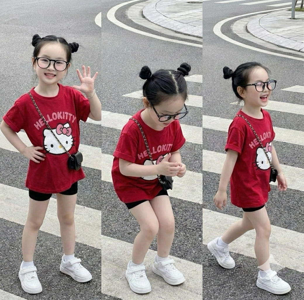 G920 - BỘ ĐÙI BÉ GÁI ÁO ĐỎ HELLO KITTY QUẦN ZIP ĐEN