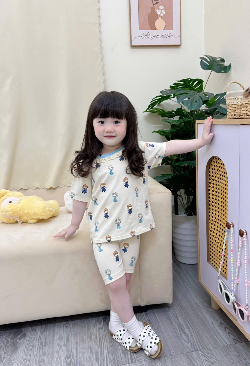 G921 - SET 3 BỘ ĐÙI BÉ GÁI ELSA CỔ REN xanh be