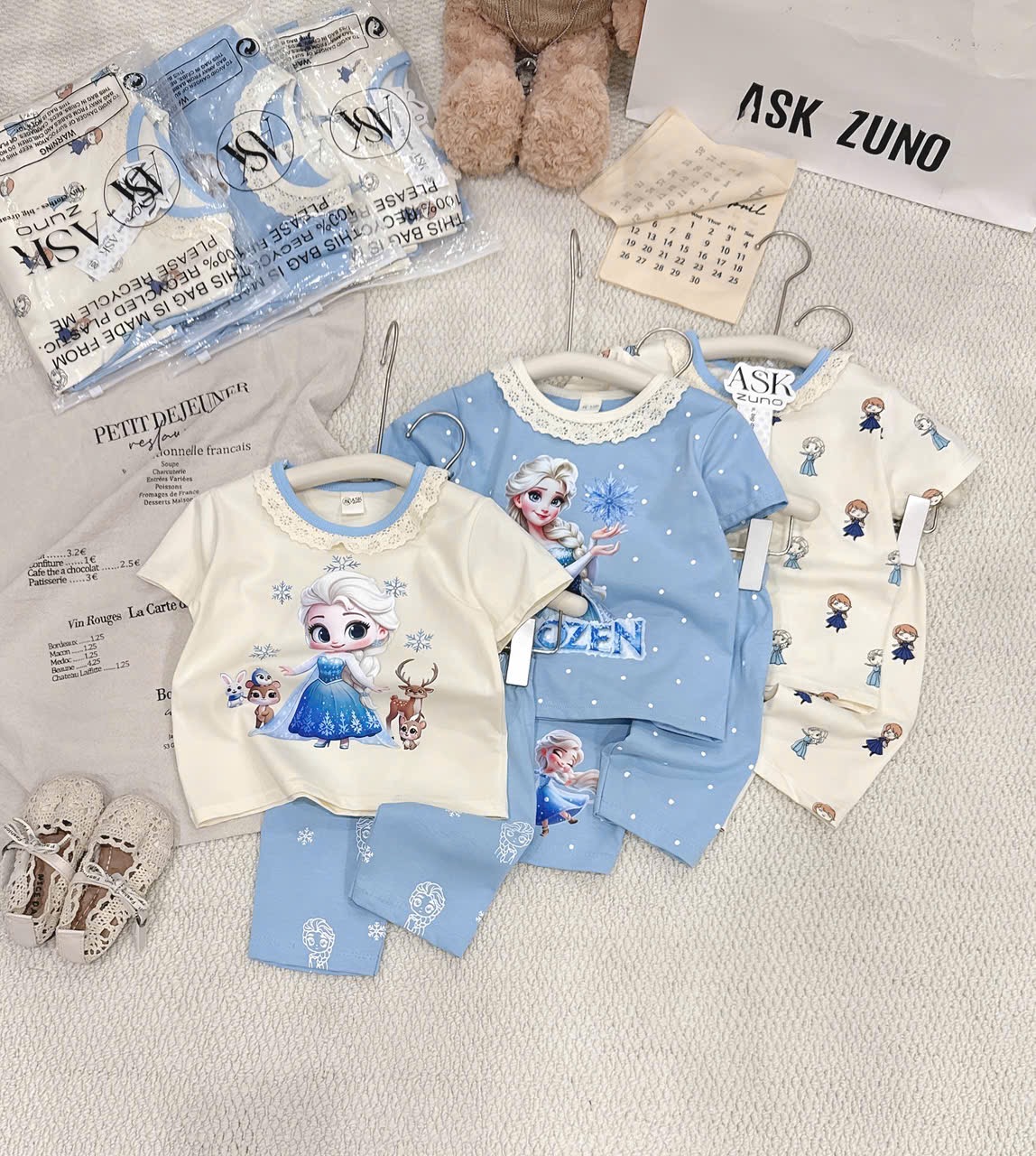 G921 - SET 3 BỘ ĐÙI BÉ GÁI ELSA CỔ REN xanh be