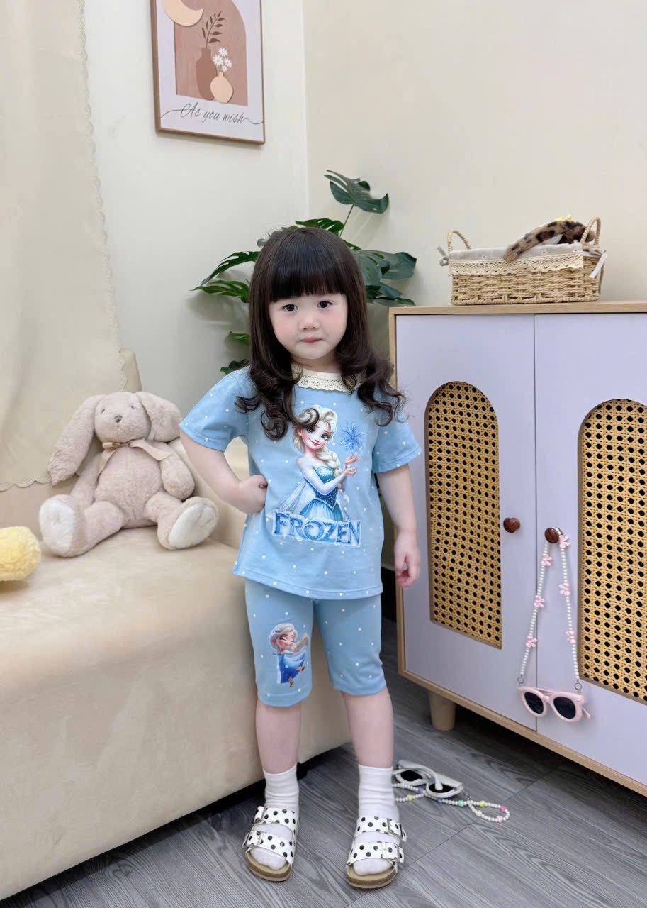 G921 - SET 3 BỘ ĐÙI BÉ GÁI ELSA CỔ REN xanh be