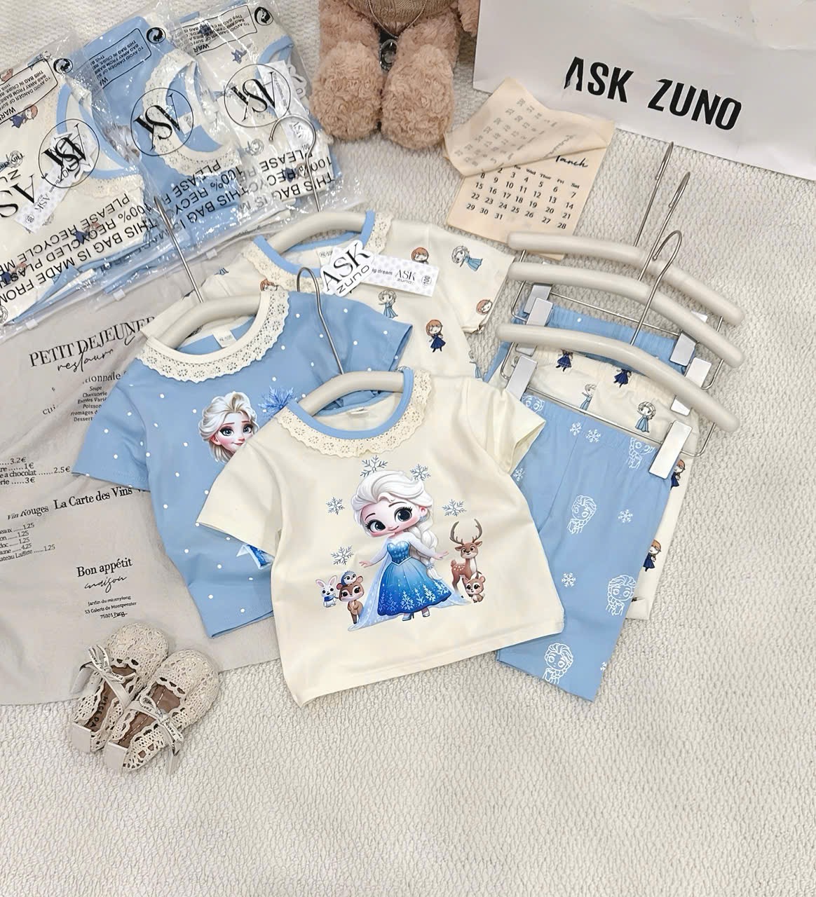 G921 - SET 3 BỘ ĐÙI BÉ GÁI ELSA CỔ REN xanh be