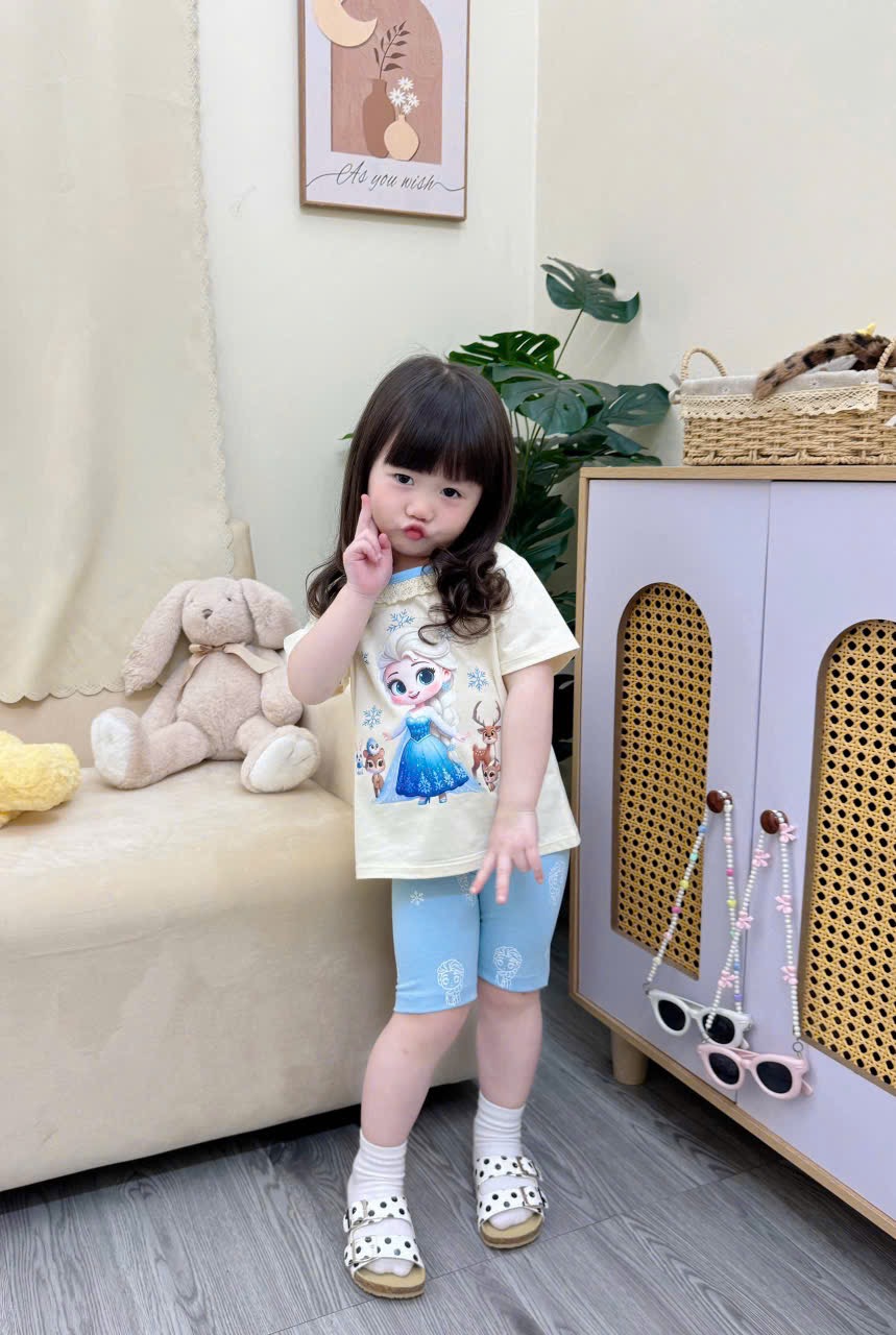 G921 - SET 3 BỘ ĐÙI BÉ GÁI ELSA CỔ REN xanh be