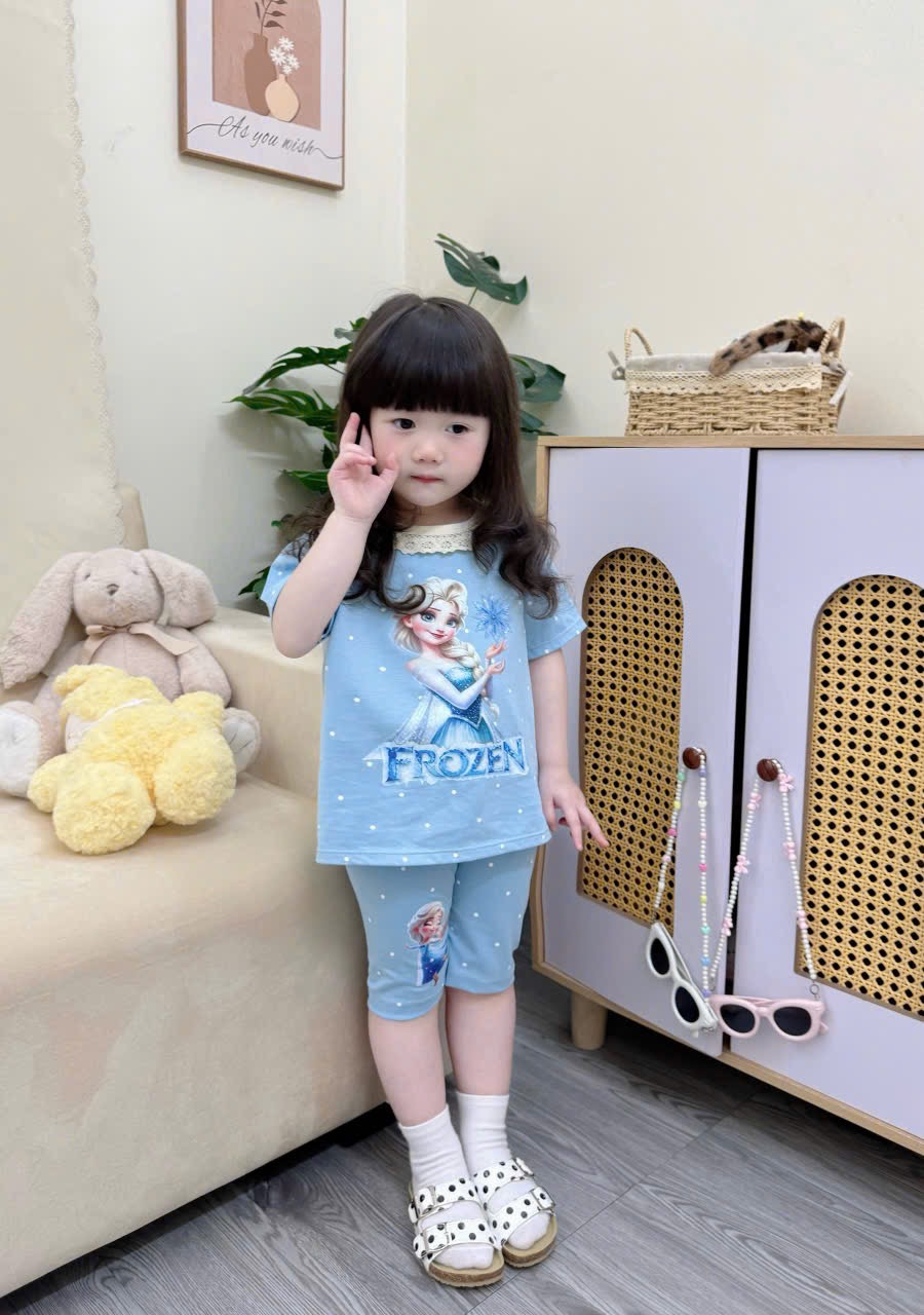 G921 - SET 3 BỘ ĐÙI BÉ GÁI ELSA CỔ REN xanh be