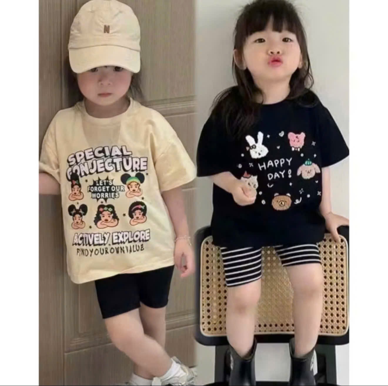 G922 - SET 2 BỘ ĐÙI BÉ GÁI THỎ ÁO ĐEN BE QUẦN KẺ