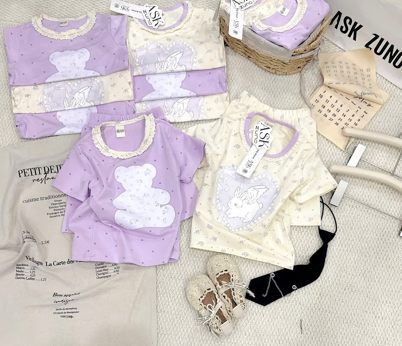 G925 - SET 2 BỘ ĐÙI BÉ GÁI GẤU THỎ CỔ REN tím be