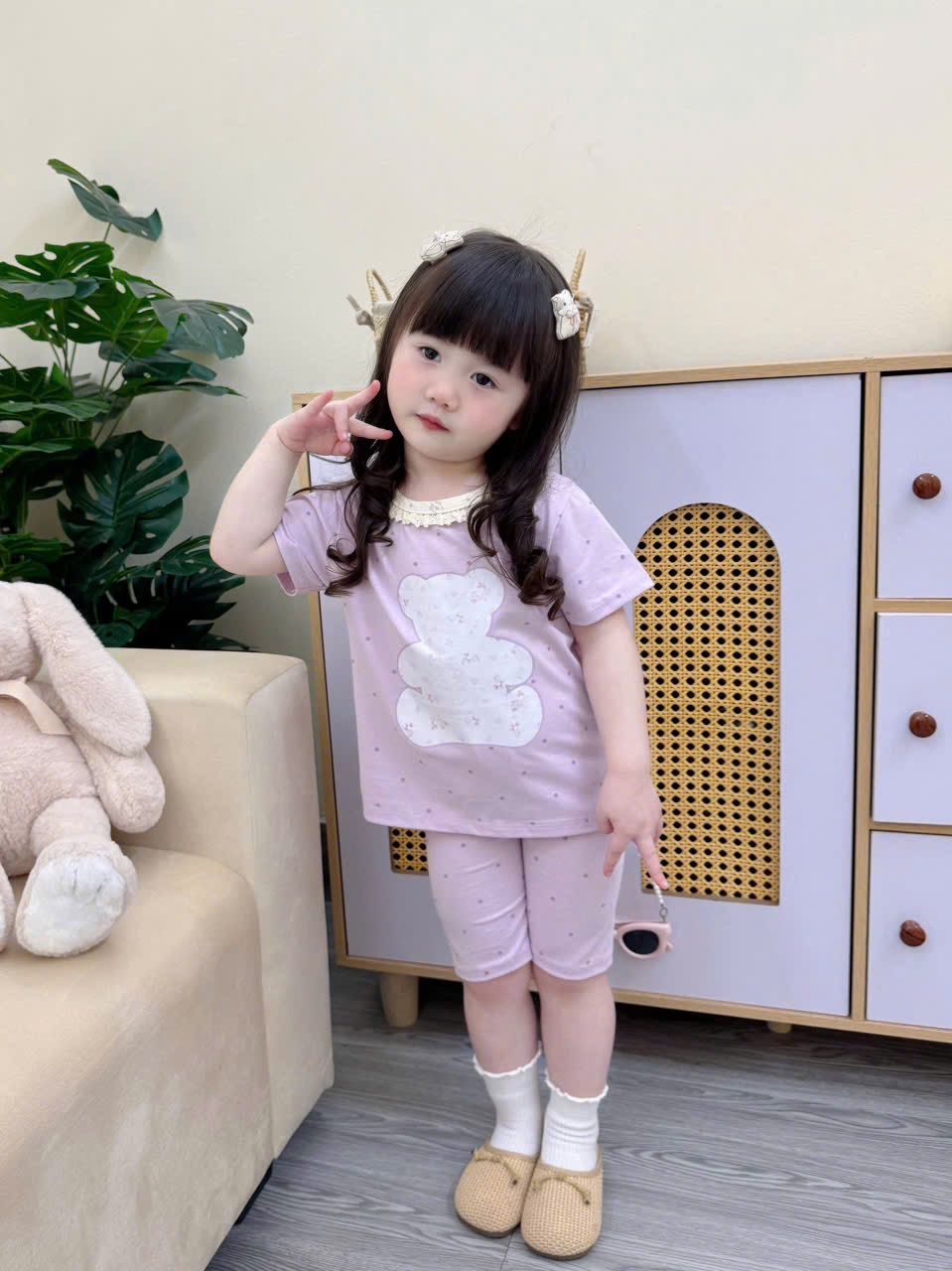 G925 - SET 2 BỘ ĐÙI BÉ GÁI GẤU THỎ CỔ REN tím be