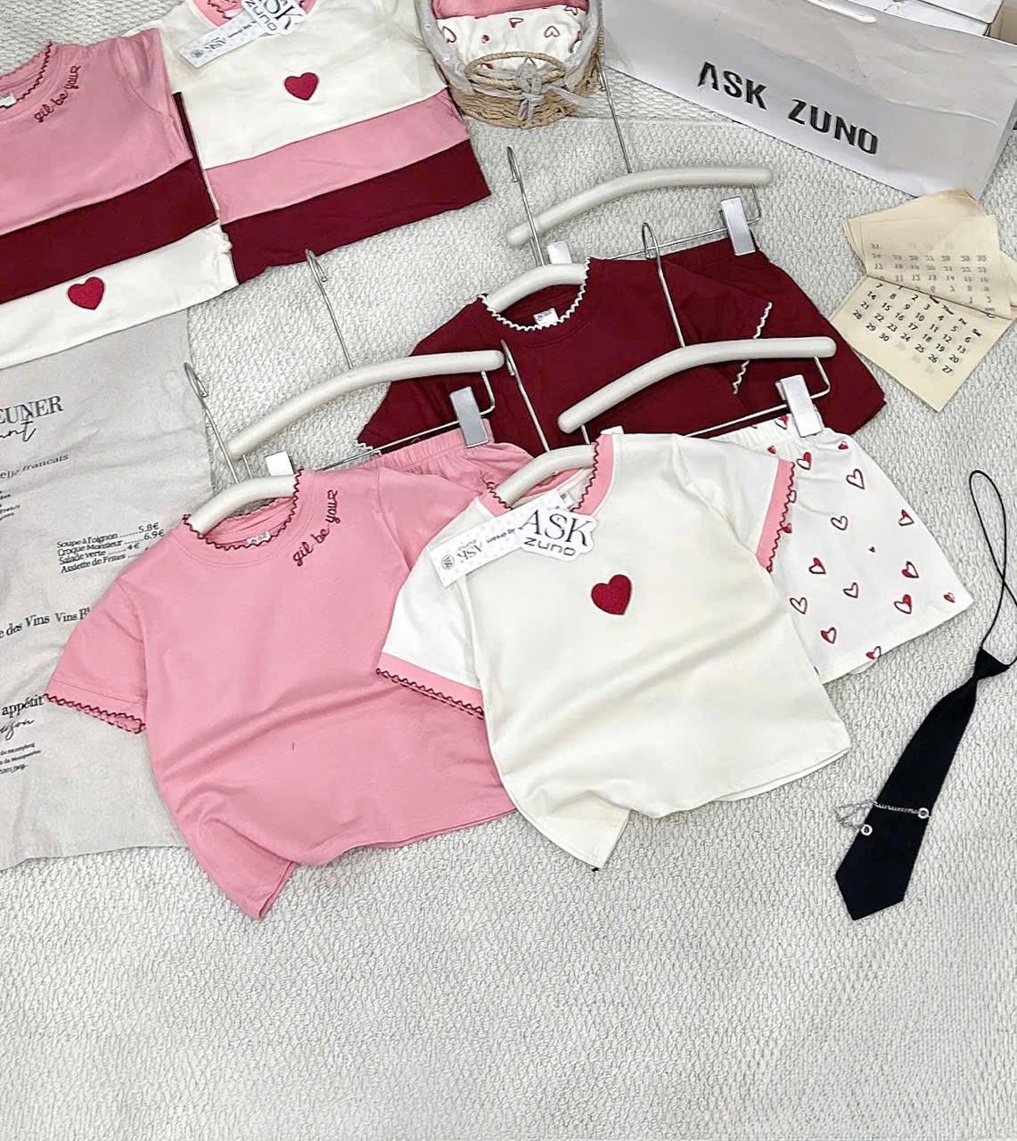 G927 - SET 3 BỘ ĐÙI BÉ GÁI VIỀN BÈO TIM đỏ hồng be