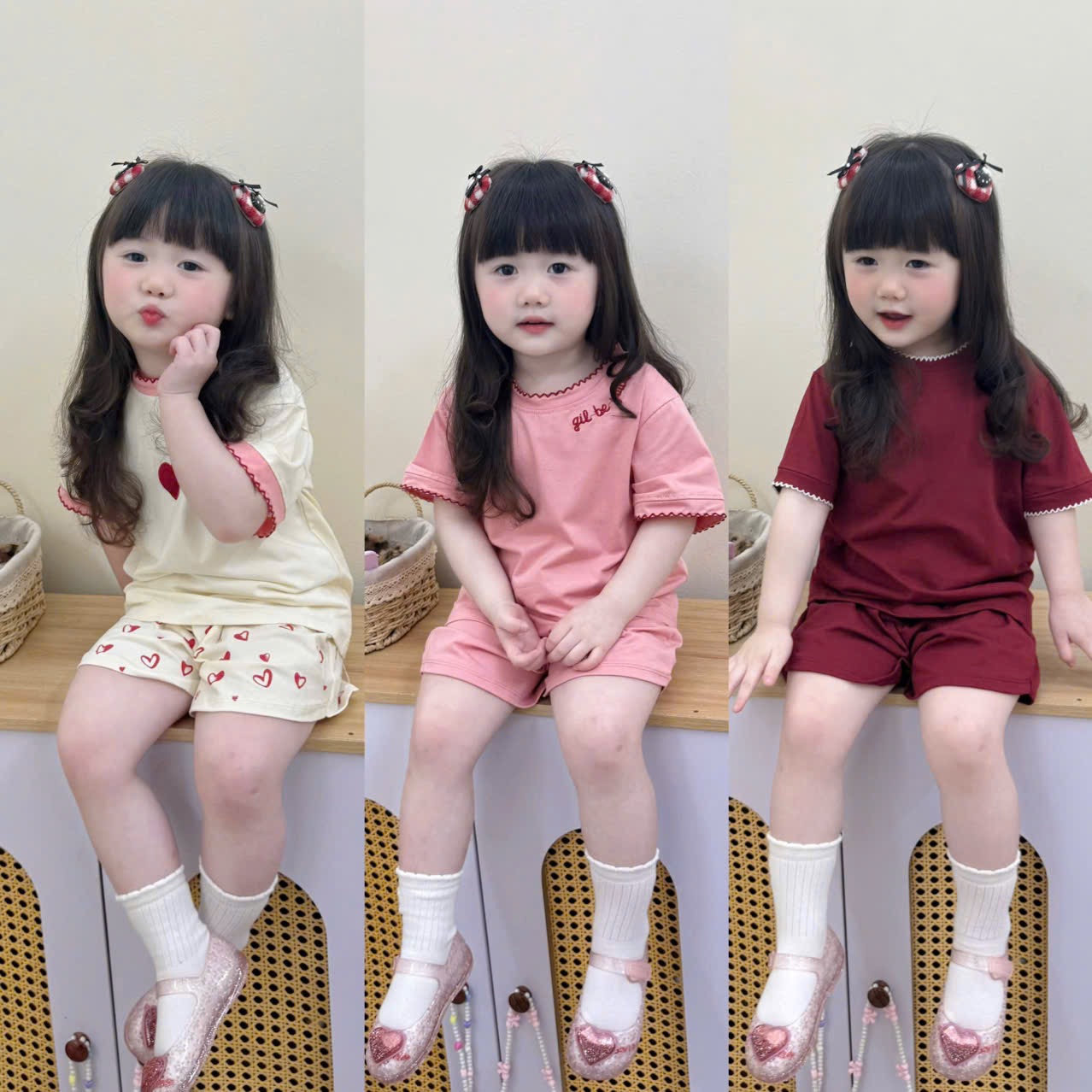 G927 - SET 3 BỘ ĐÙI BÉ GÁI VIỀN BÈO TIM đỏ hồng be