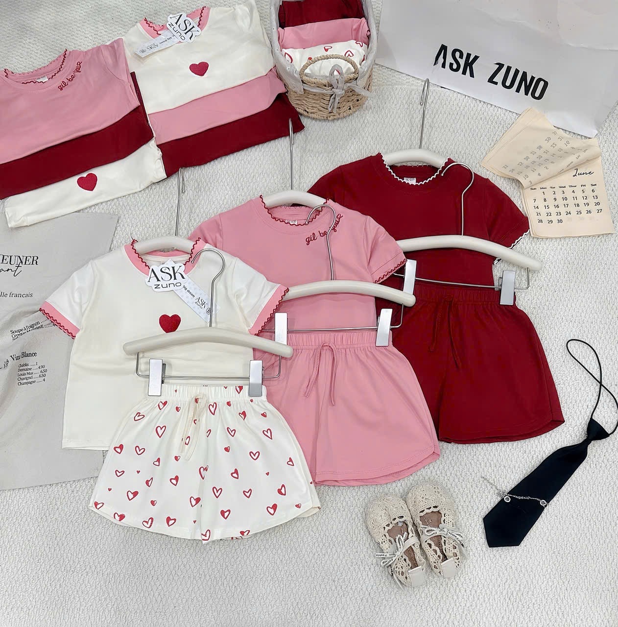 G927 - SET 3 BỘ ĐÙI BÉ GÁI VIỀN BÈO TIM đỏ hồng be