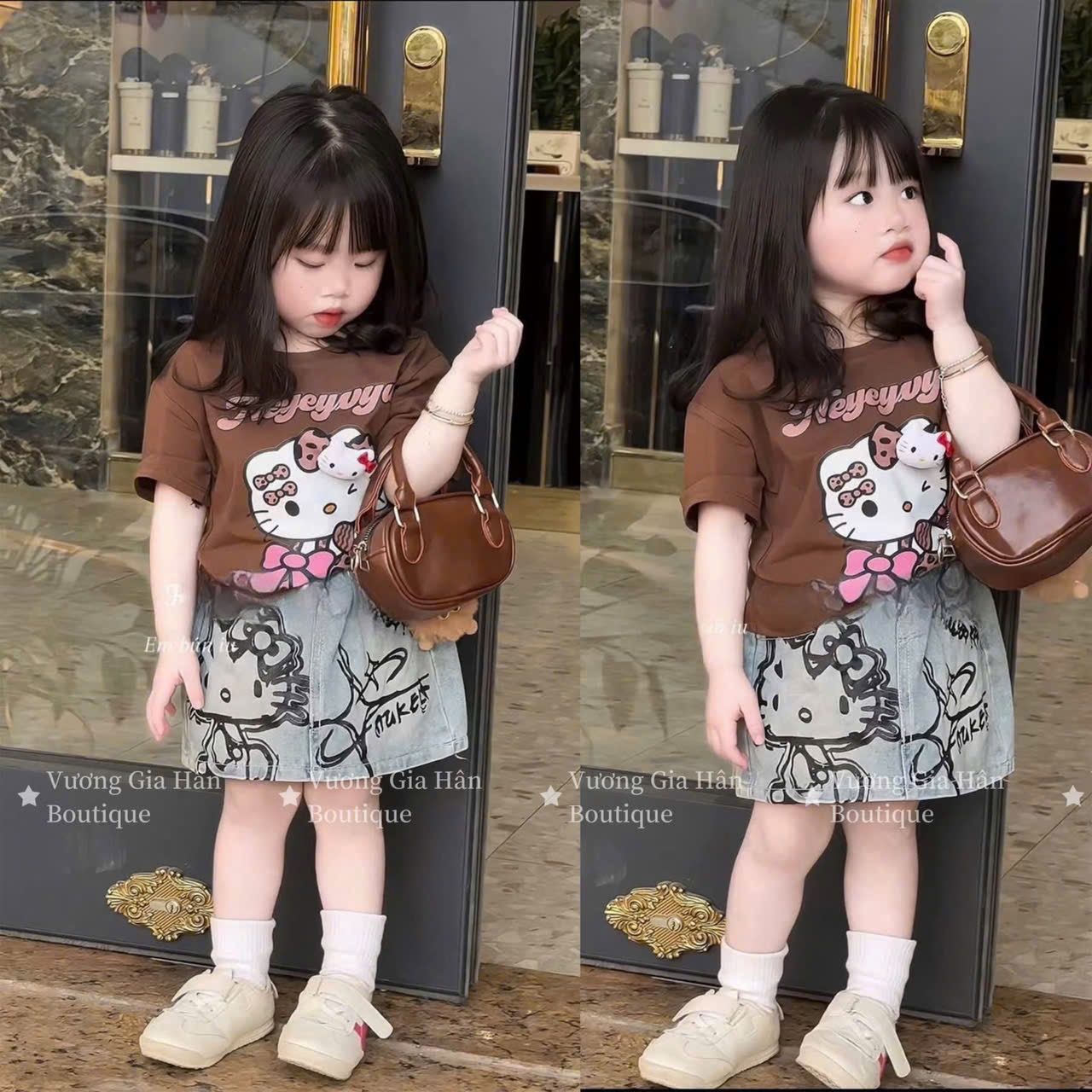 G928 - SET BÉ GÁI ÁO CỘC KITTY NỔI CVAY BÒ