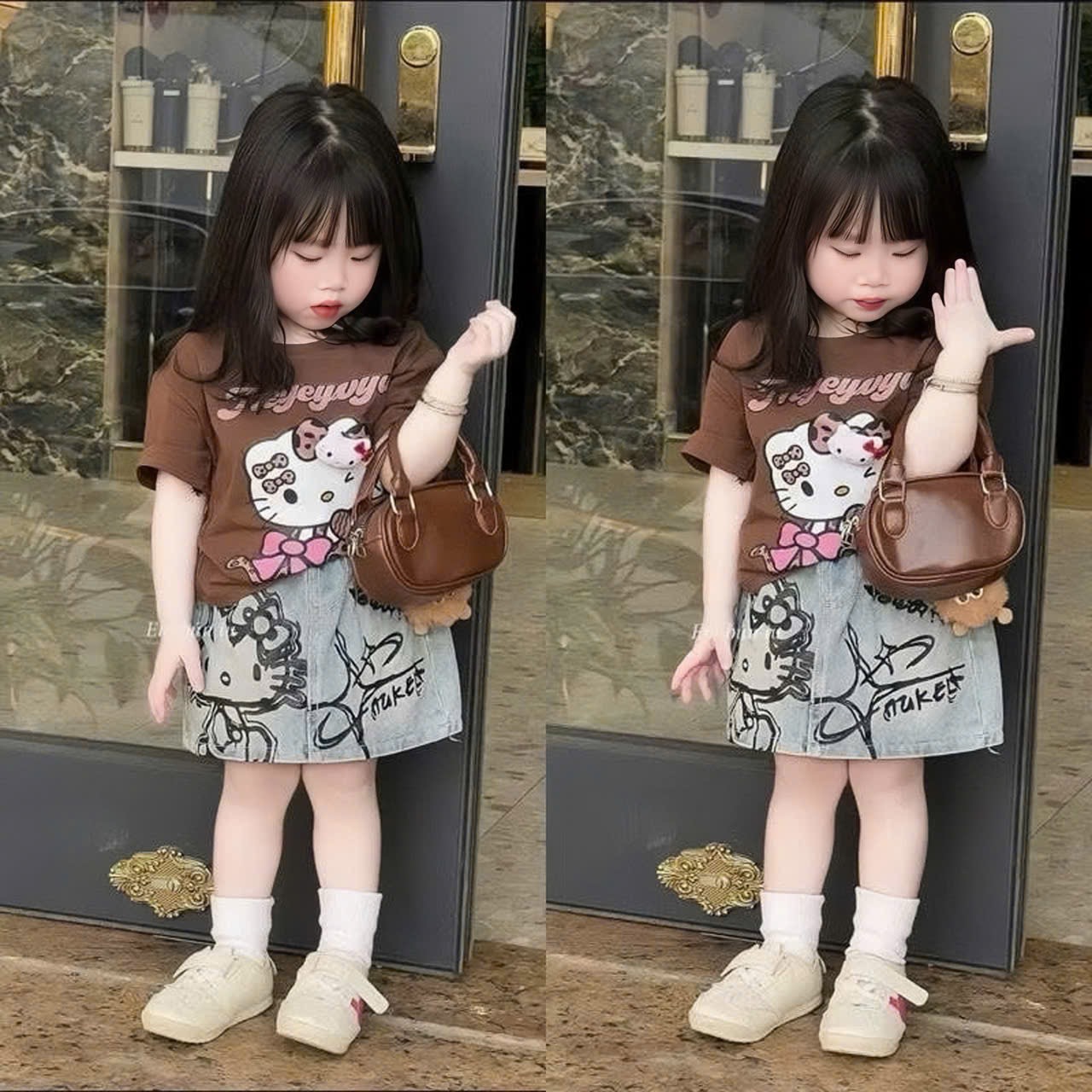 G928 - SET BÉ GÁI ÁO CỘC KITTY NỔI CVAY BÒ