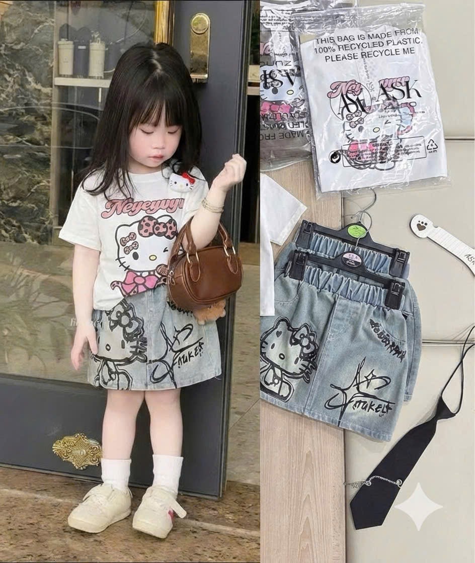G928 - SET BÉ GÁI ÁO CỘC KITTY NỔI CVAY BÒ