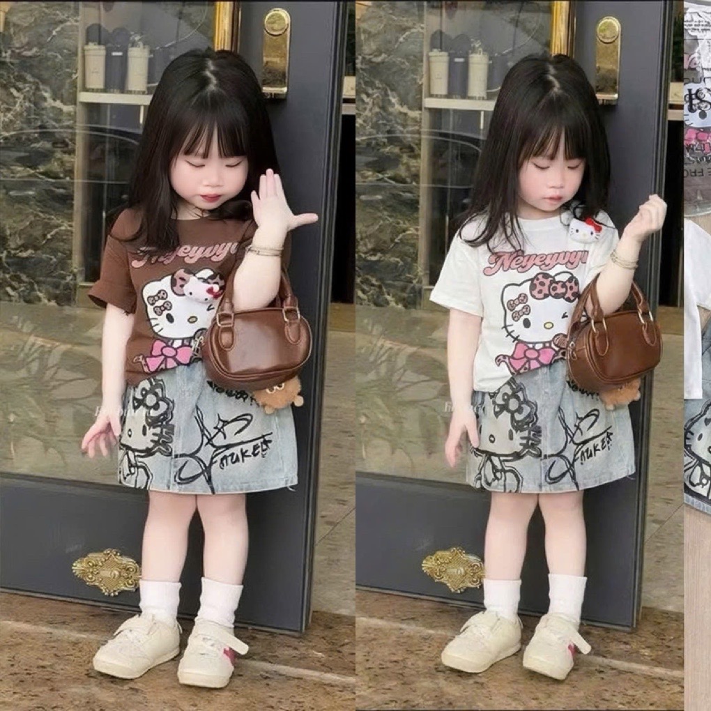 G928 - SET BÉ GÁI ÁO CỘC KITTY NỔI CVAY BÒ