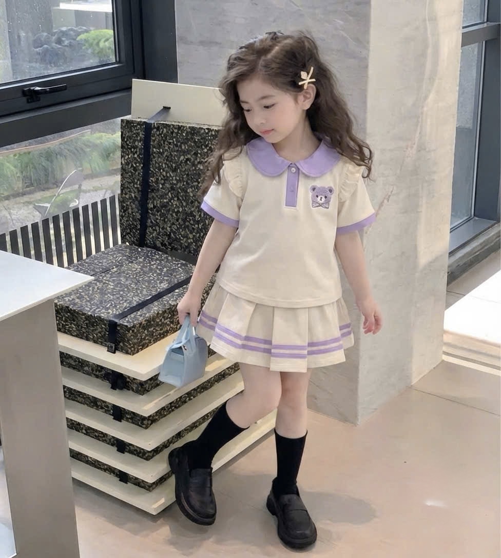 G930 - SET BÉ GÁI ÁO CỔ SEN PHỐI BE TÍM CVAY XẾP LY