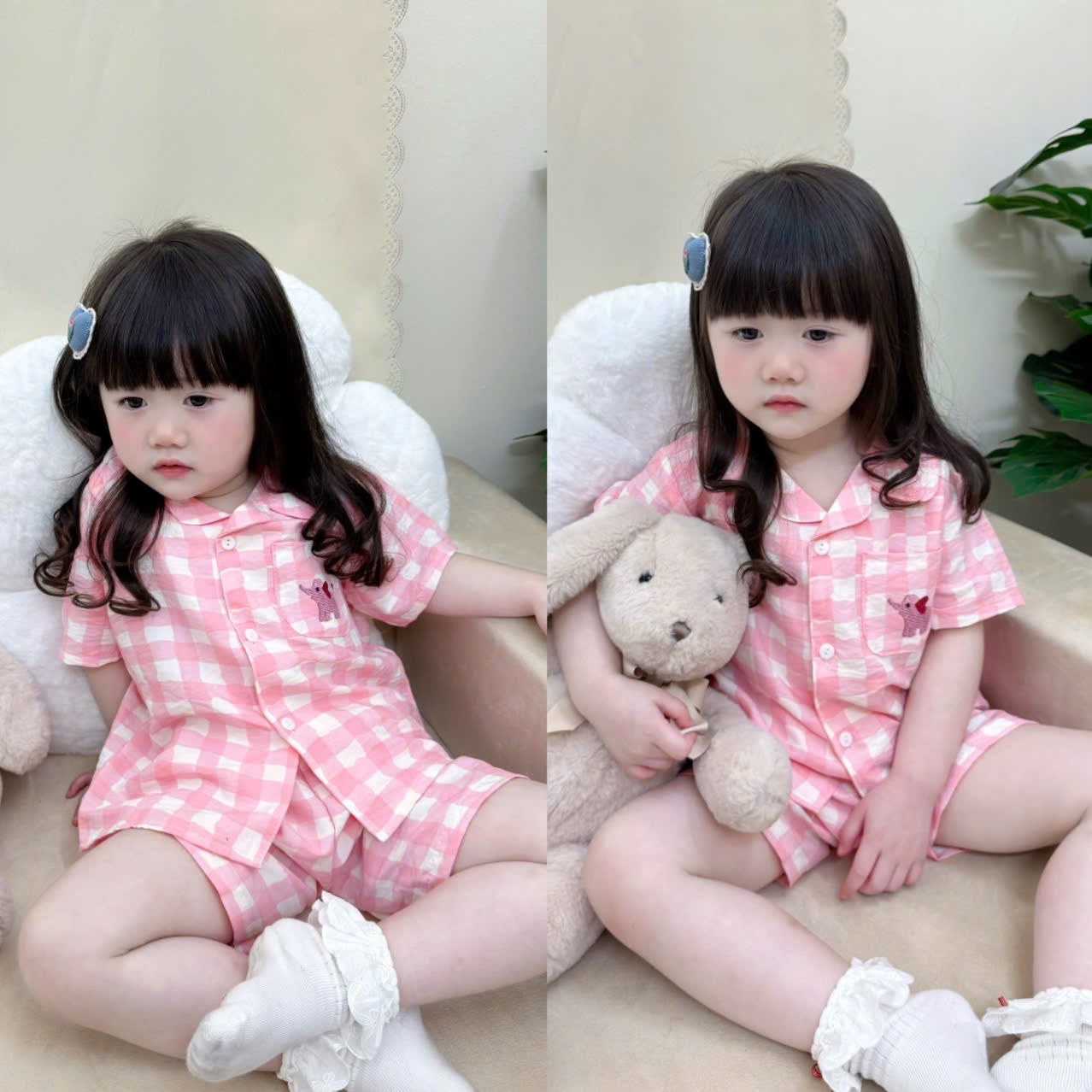 G931 - SET 2 BỘ BÉ GÁI PYJAMA CARO CÁ HEO hồng trắng