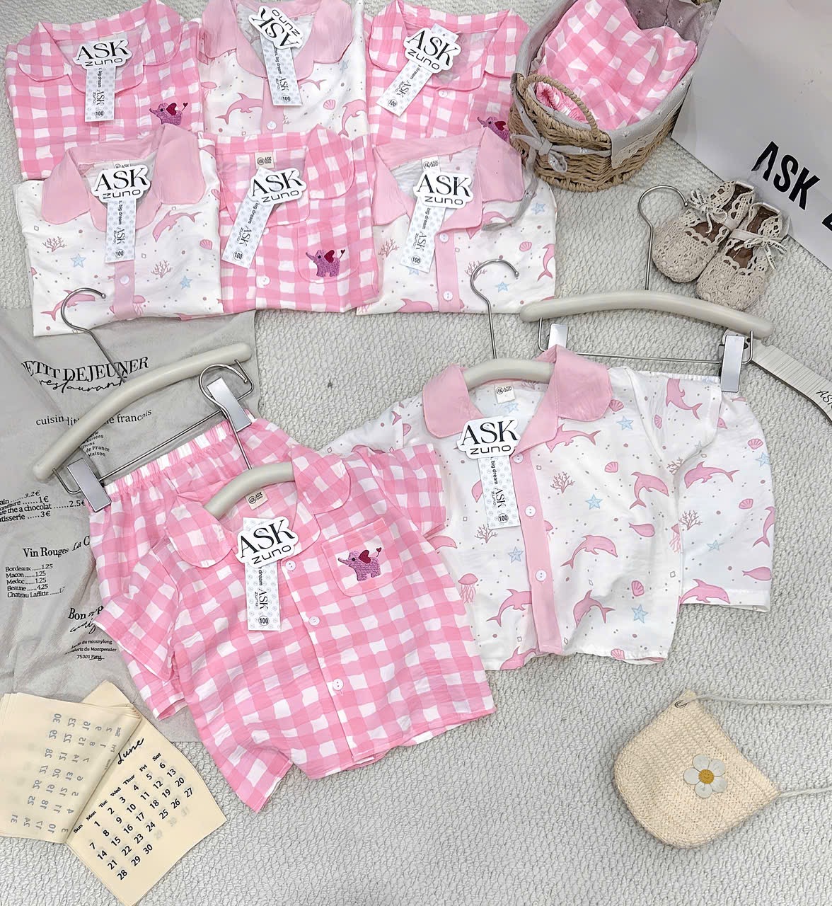 G931 - SET 2 BỘ BÉ GÁI PYJAMA CARO CÁ HEO hồng trắng