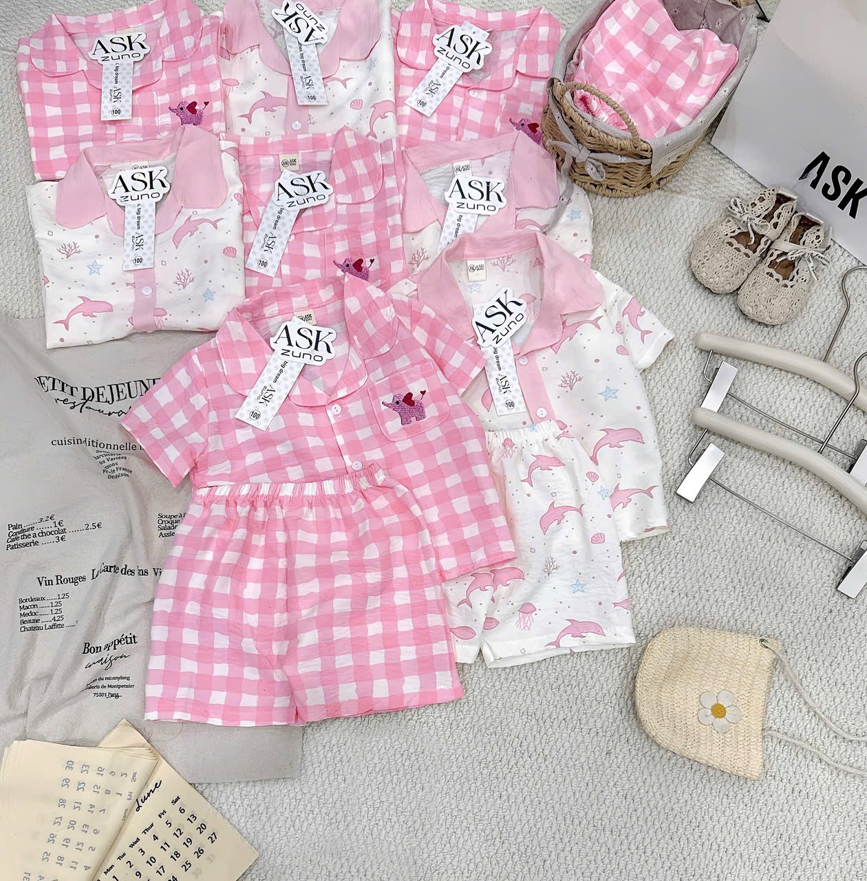 G931 - SET 2 BỘ BÉ GÁI PYJAMA CARO CÁ HEO hồng trắng