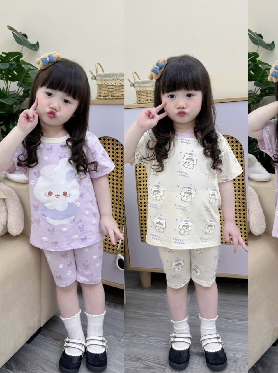 G935 - SET 2 BỘ ĐÙI BÉ GÁI PUPPY THỎ GẤU tím be