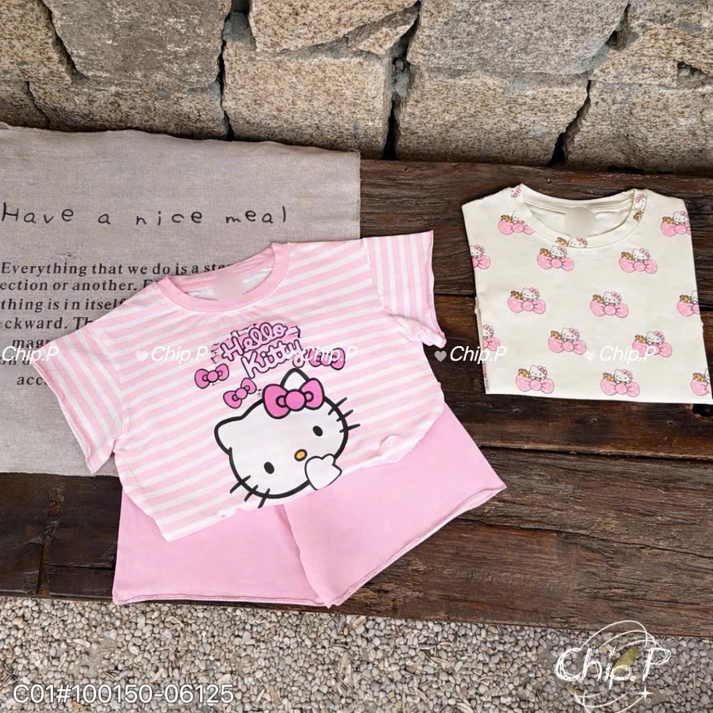 G936 - SET 2 BỘ ĐÙI BÉ GÁI KITTY TRÀN hồng kẻ be