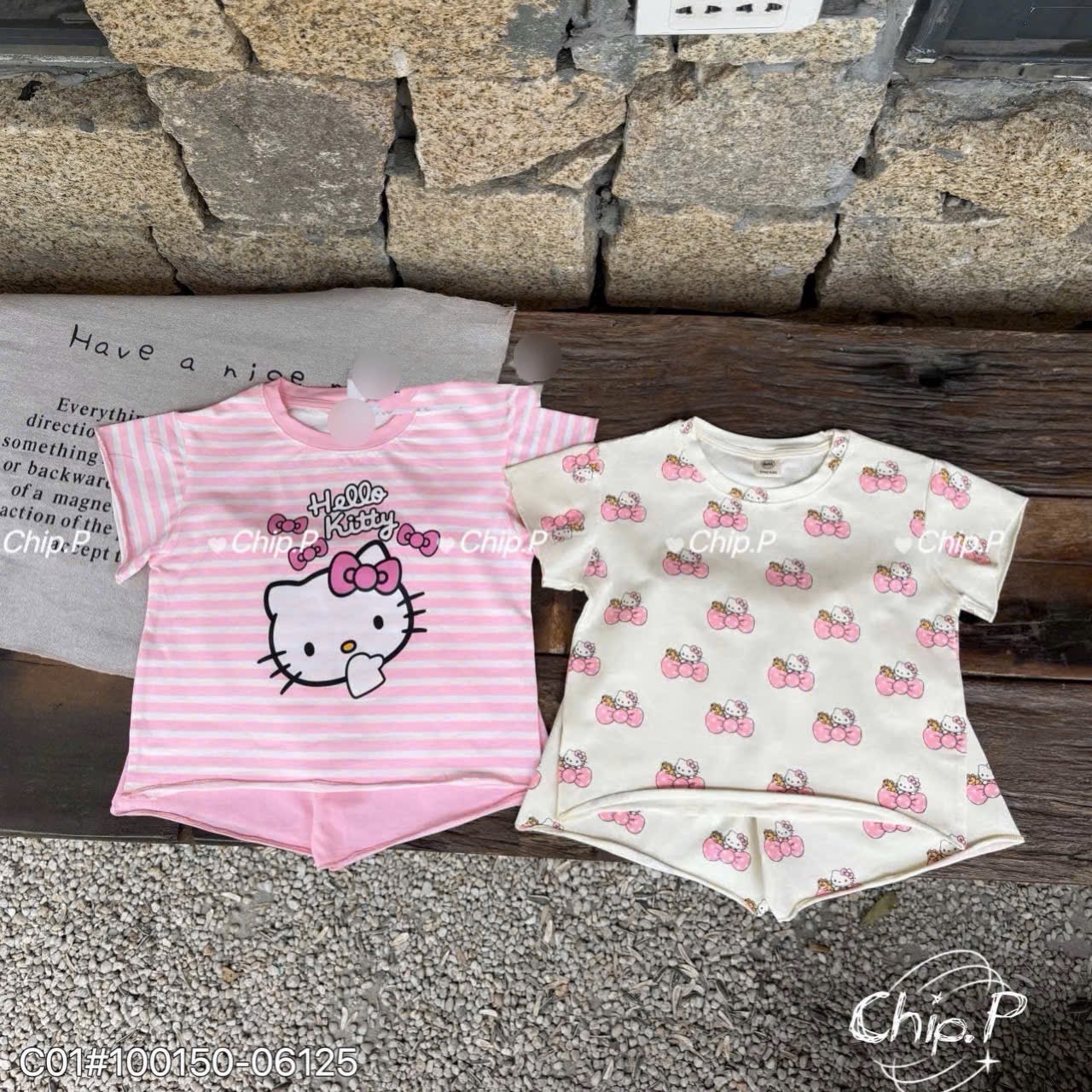 G936 - SET 2 BỘ ĐÙI BÉ GÁI KITTY TRÀN hồng kẻ be