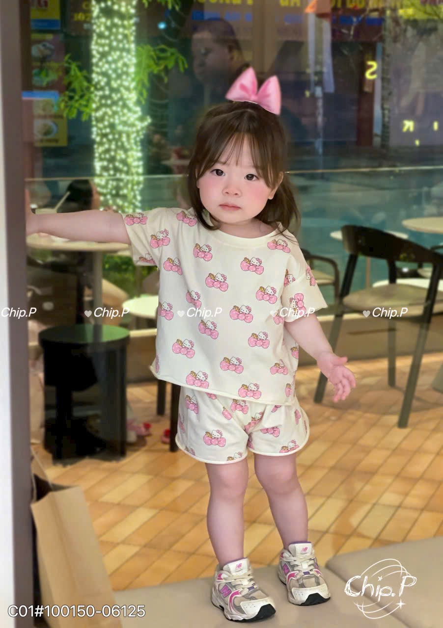 G936 - SET 2 BỘ ĐÙI BÉ GÁI KITTY TRÀN hồng kẻ be