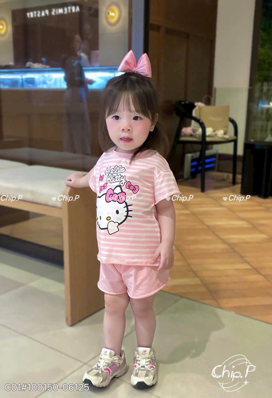 G936 - SET 2 BỘ ĐÙI BÉ GÁI KITTY TRÀN hồng kẻ be