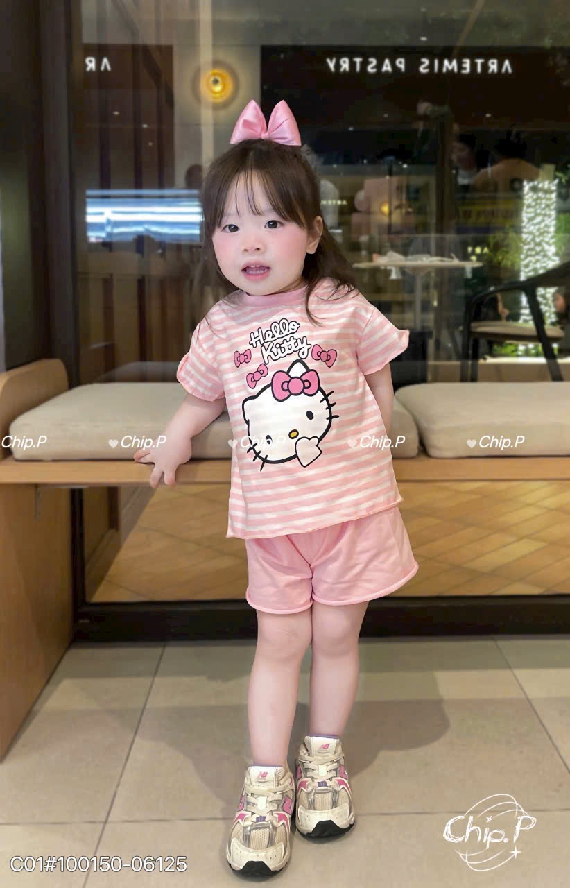 G936 - SET 2 BỘ ĐÙI BÉ GÁI KITTY TRÀN hồng kẻ be