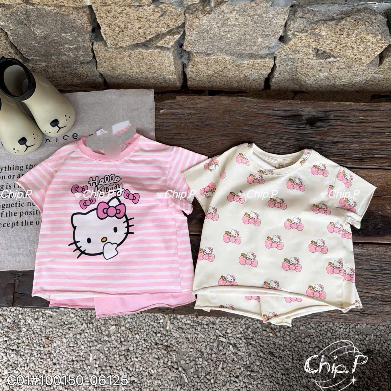 G936 - SET 2 BỘ ĐÙI BÉ GÁI KITTY TRÀN hồng kẻ be