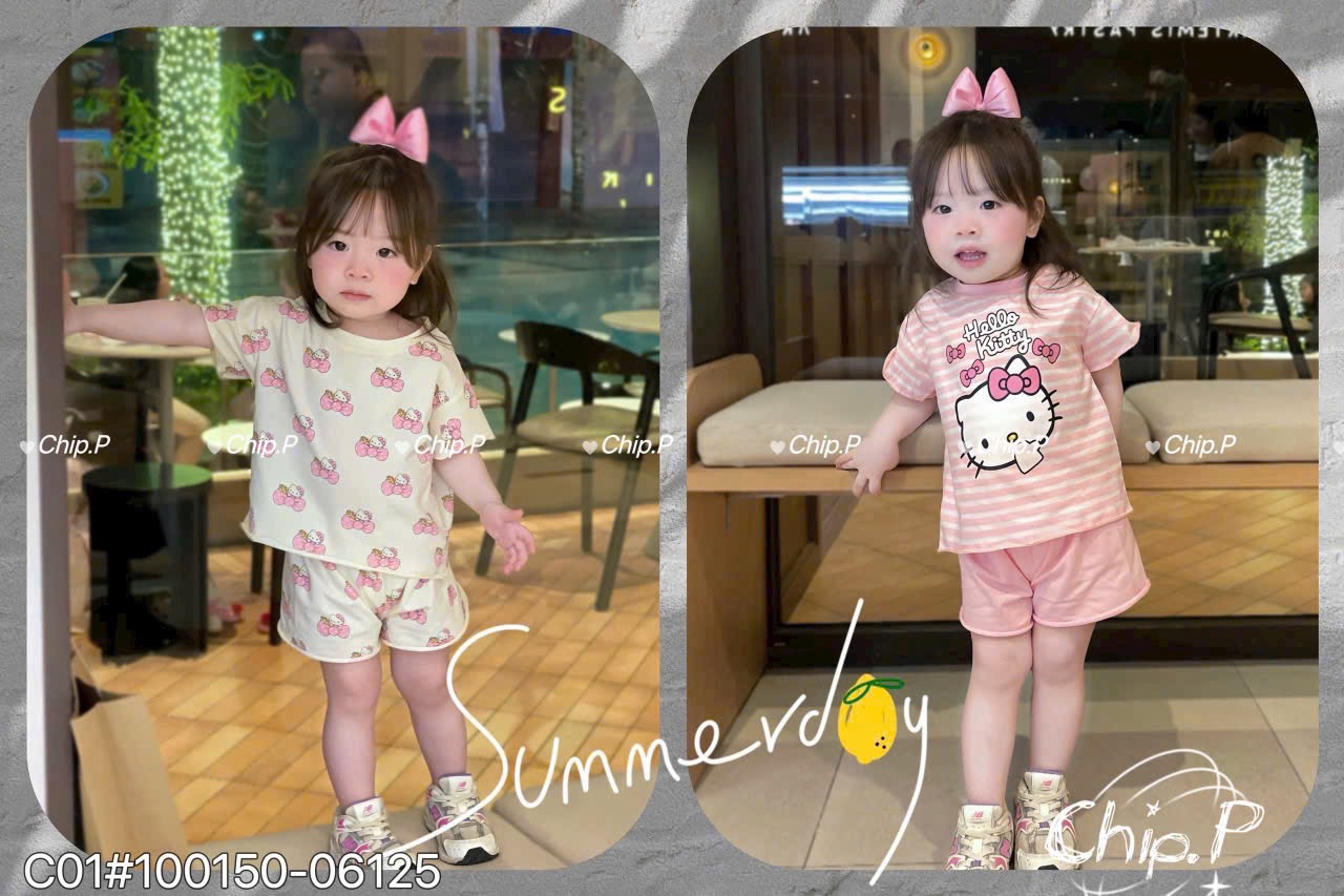 G936 - SET 2 BỘ ĐÙI BÉ GÁI KITTY TRÀN hồng kẻ be