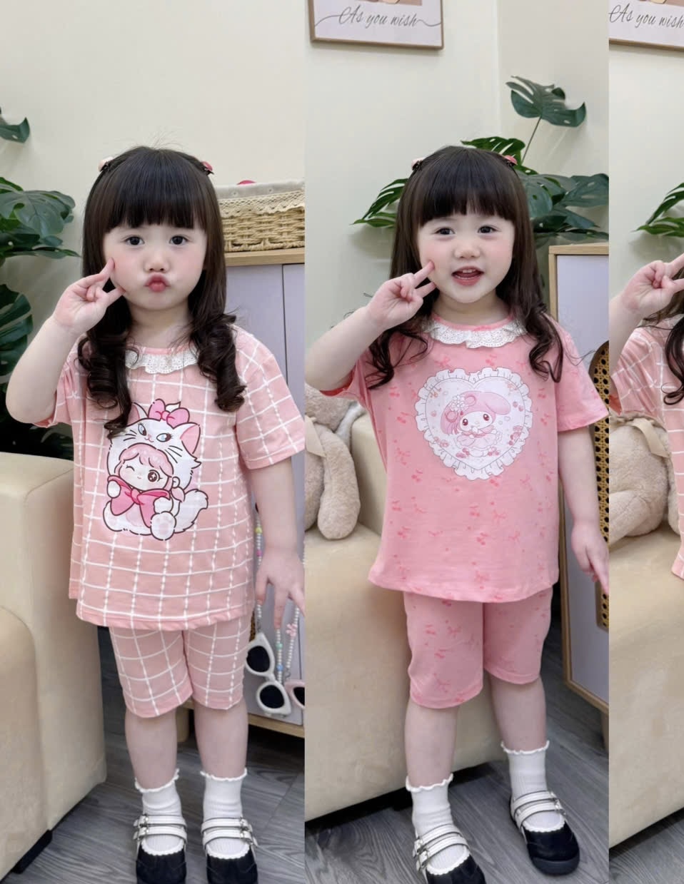G938 - SET 2 BỘ NGỐ BÉ GÁI MÈO MARIE HỒNG CỔ REN