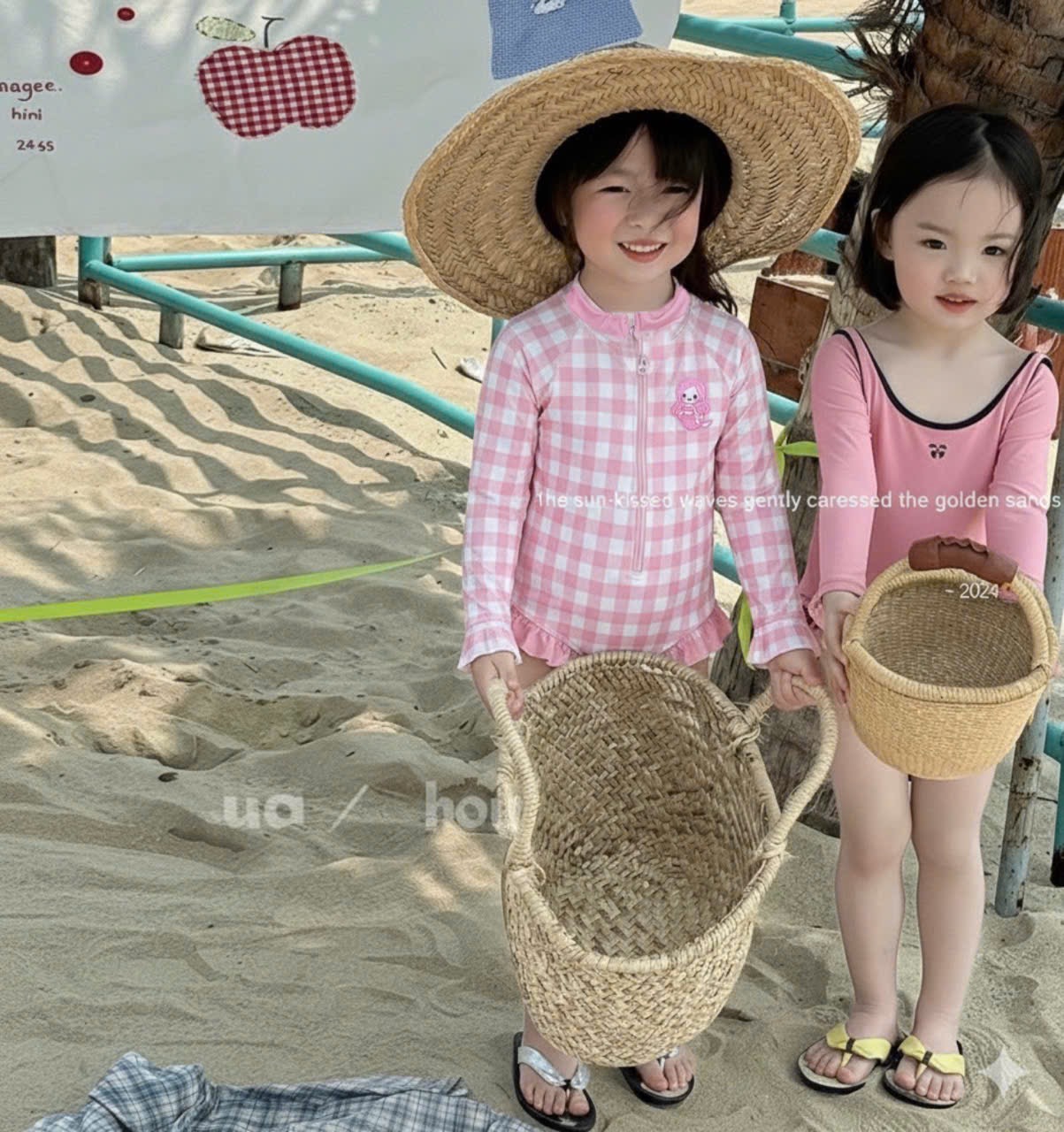 G939 - SET BƠI BIKINI BÉ GÁI LIỀN THÂN DÀI TAY HỒNG