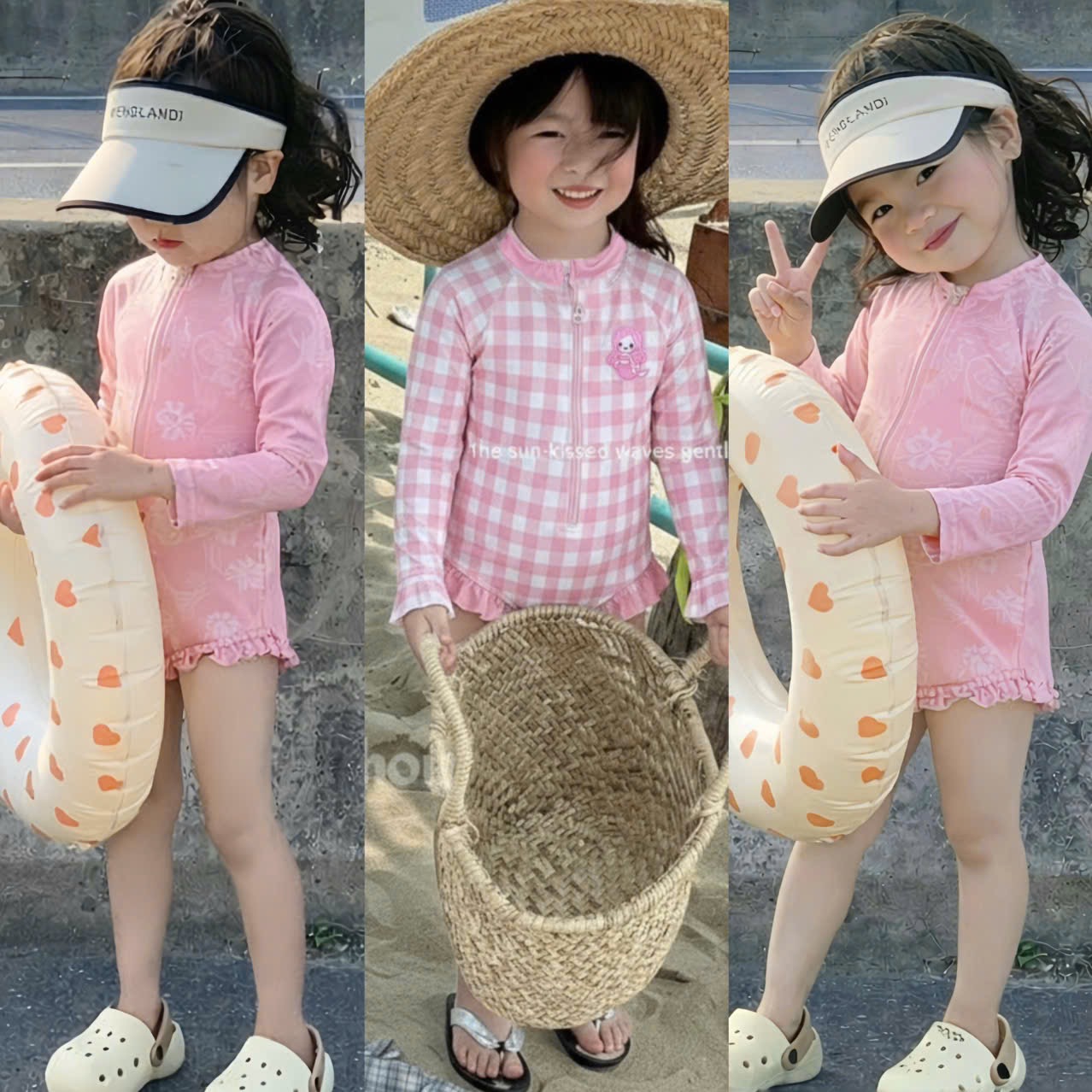 G939 - SET BƠI BIKINI BÉ GÁI LIỀN THÂN DÀI TAY HỒNG