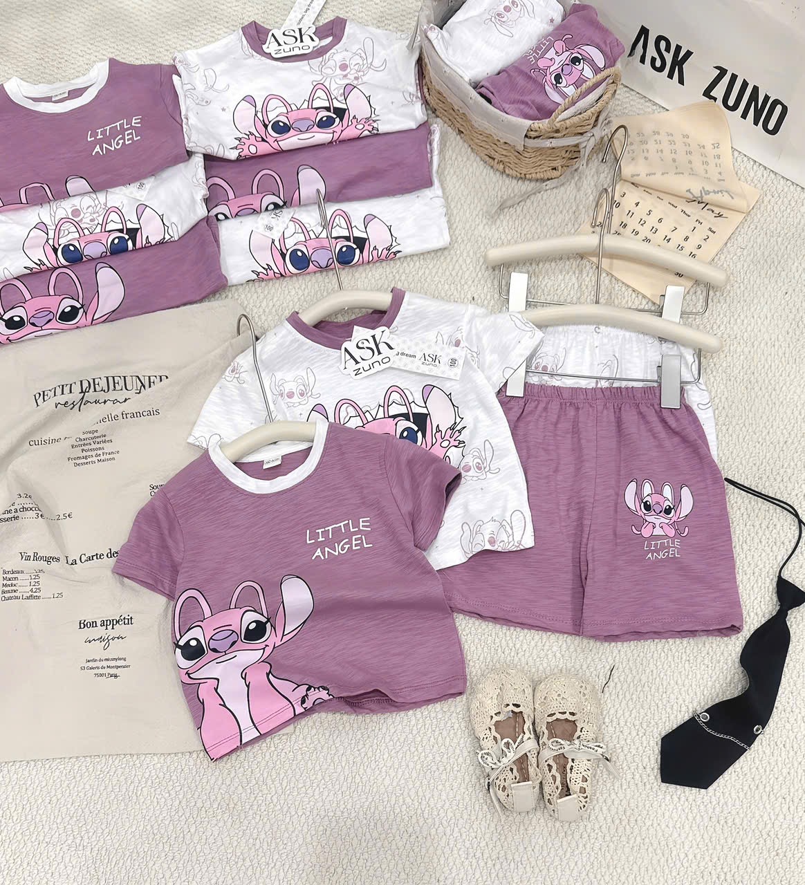G940 - SET 2 BỘ ĐÙI BÉ GÁI XƯỢC LITTLE ANGLE tím trắng